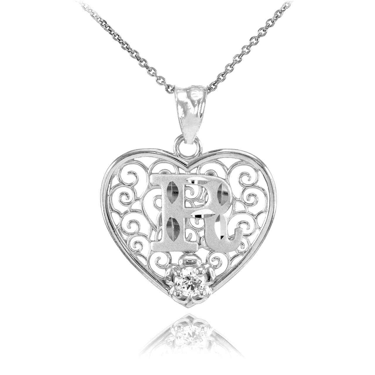 925 Sterling Silver Filigree Heart CZ Any / All Initial Letter Pendant Necklace