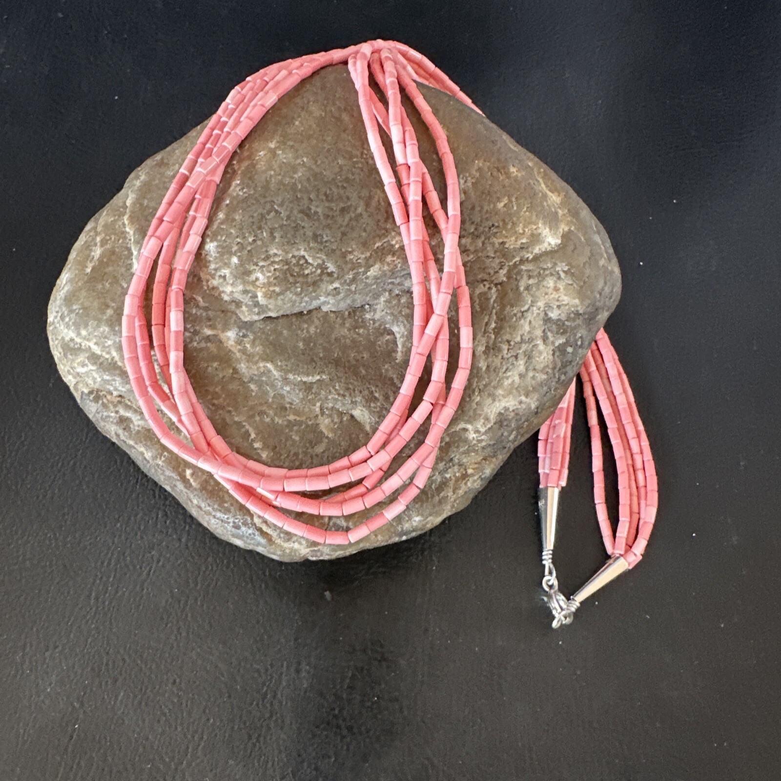 Pink Conch Tube Heishi Bead 5 Strand Navajo Sterling Silver Necklace 19″ 16545