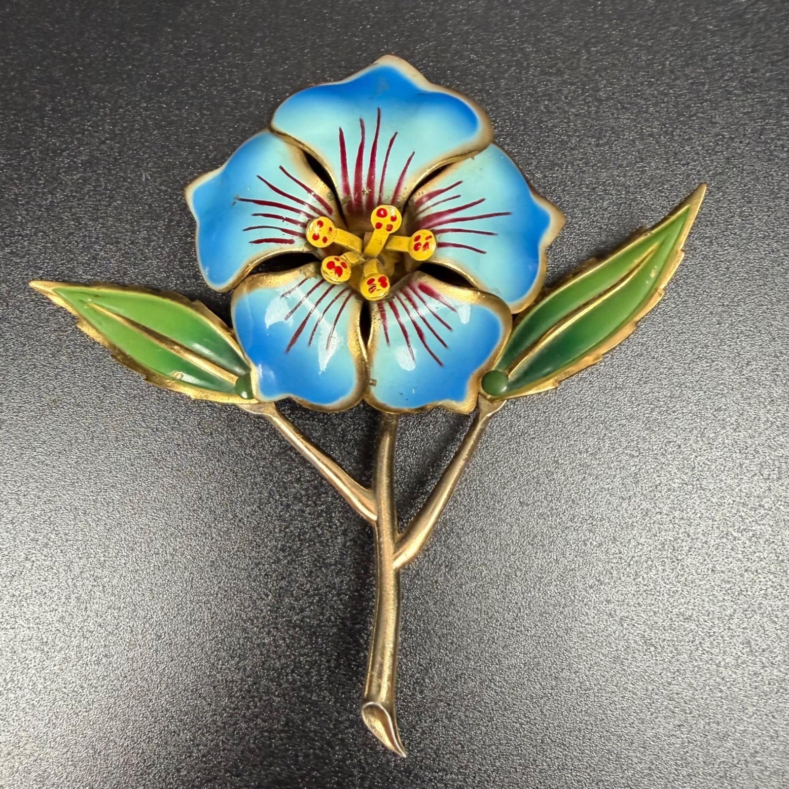 Vintage Blue Cold Painted Enamel Flower Brooch Gold Tone Statement Pin 3.75 In