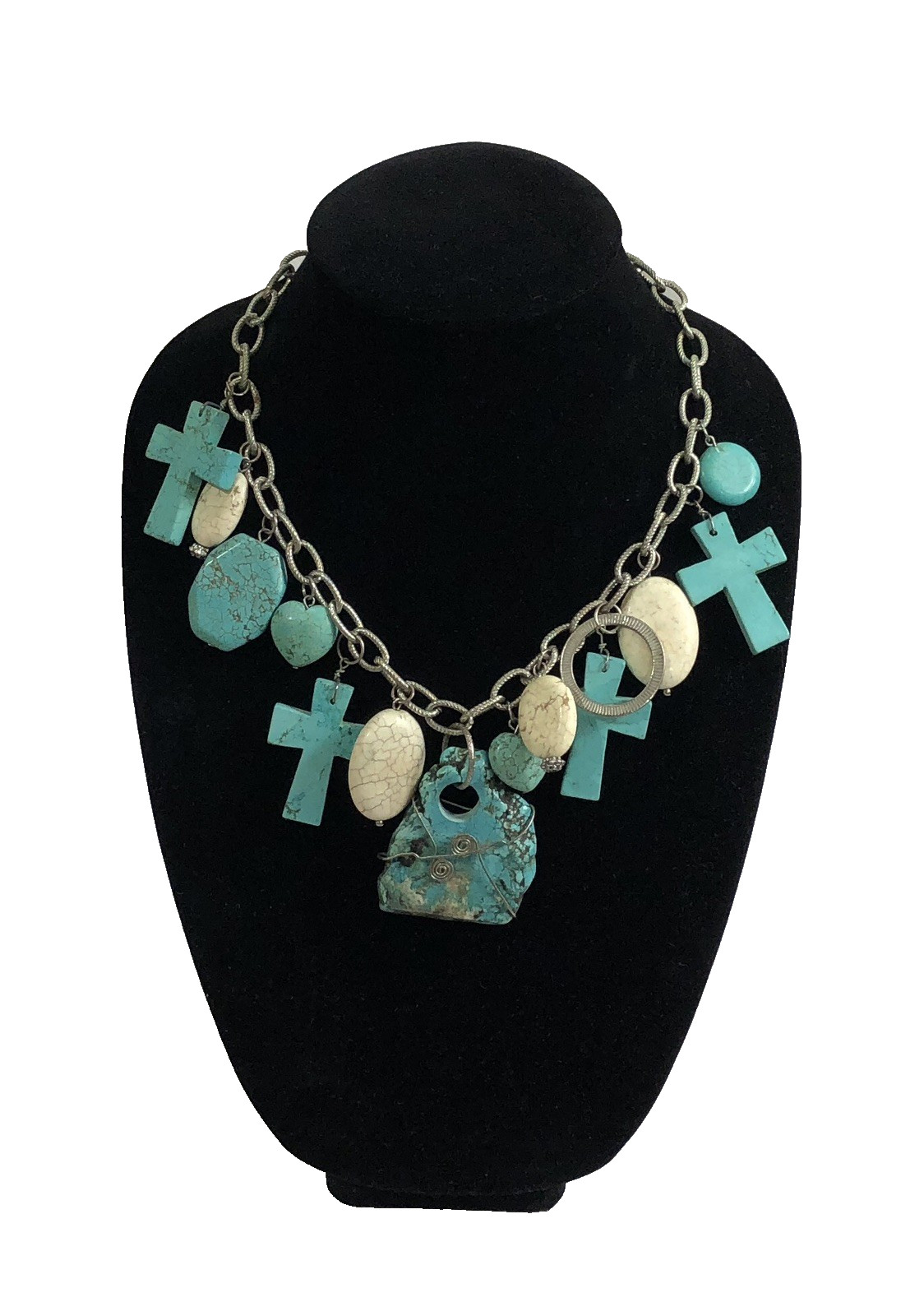 Turquoise Howlite Pendant Necklace Cross Heart Statement Artisan – 19.5 inch