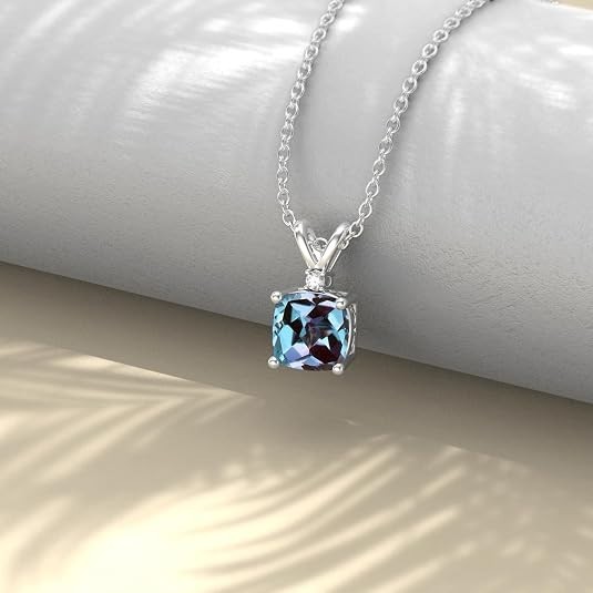 Cushio Cut LabCreated Alexandrite Women Pendant 14KWhite Gold Plated with Chain