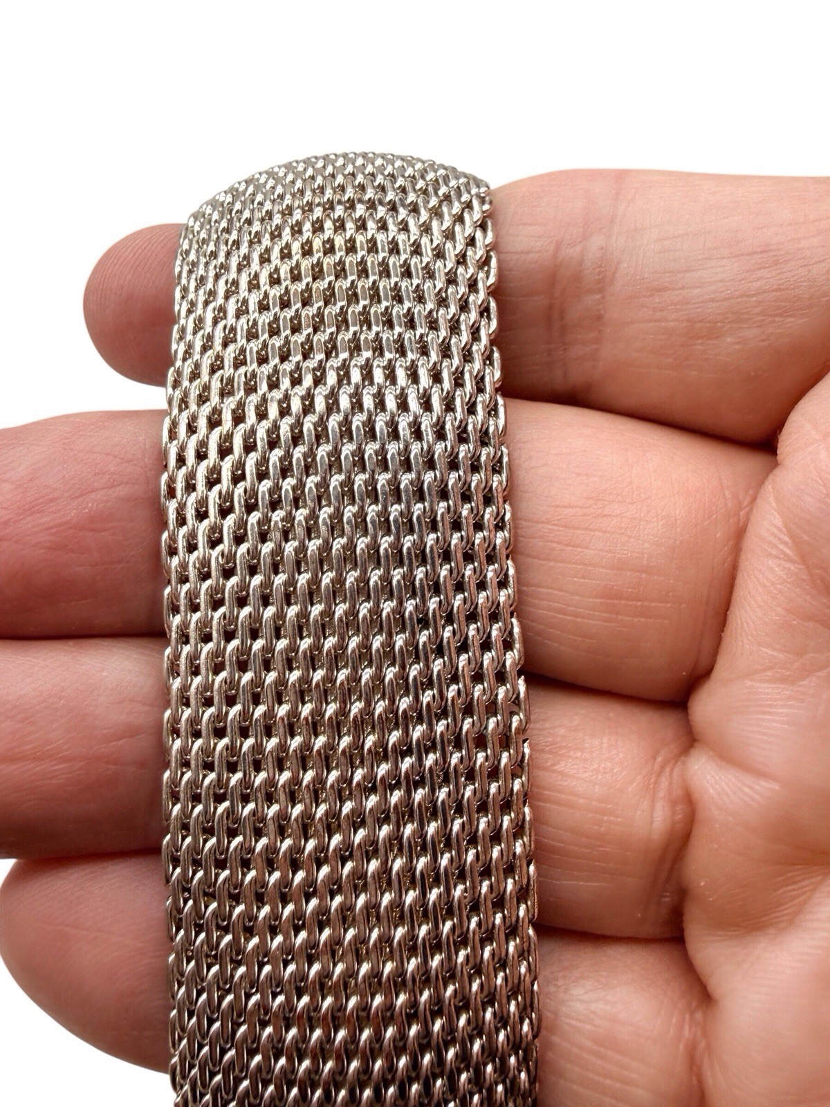 Silver Plated Mesh Bangle Bracelet 1″ Wide Flexible Larger Size Chunky! B13
