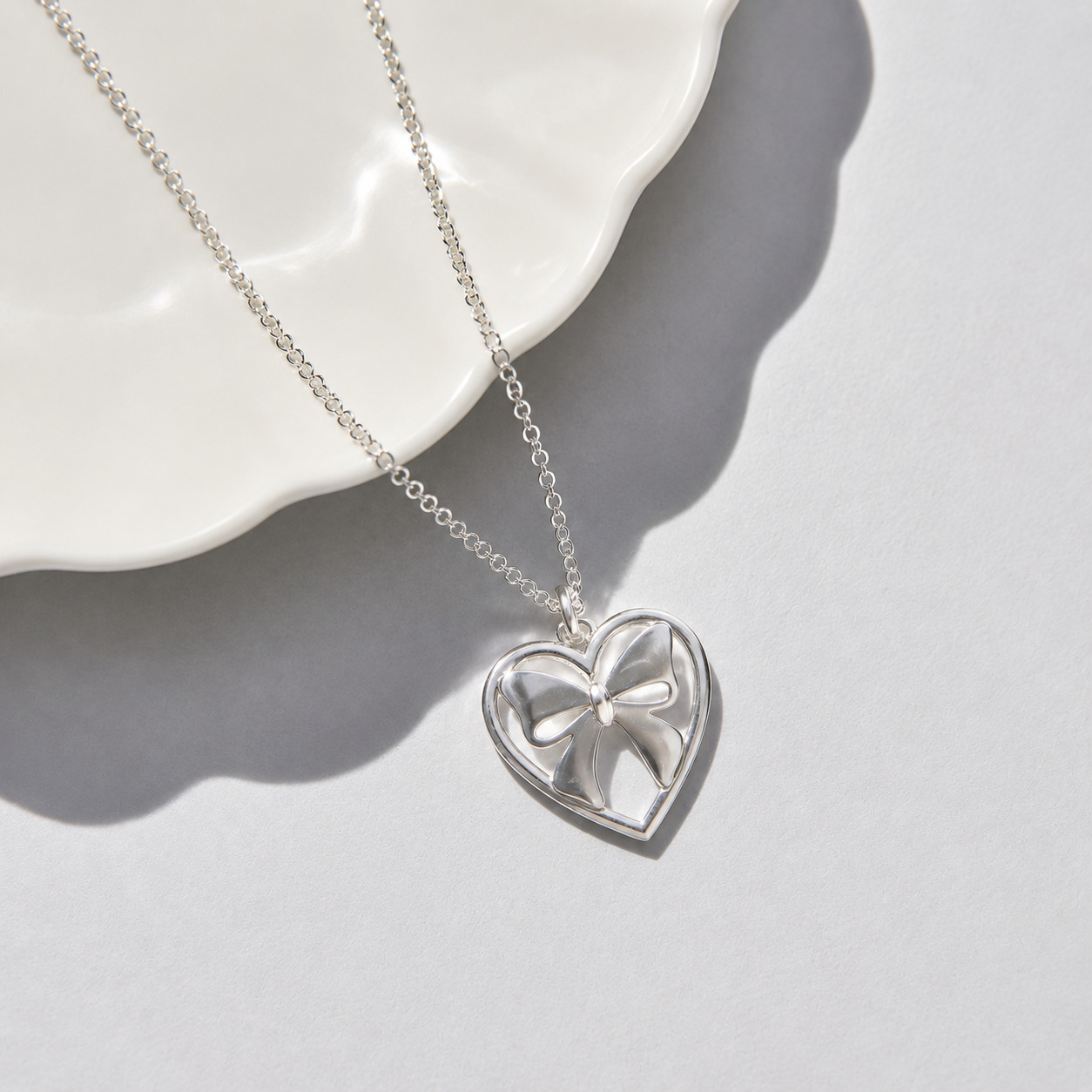 925 Sterling Silver Heart Bow Pendant Necklace Korean Jewelry