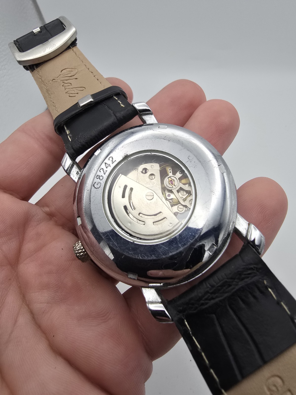 Automatic Skeleton Dial Watch Silver Tone SS Case Black Leather Strap Exhb Cbk