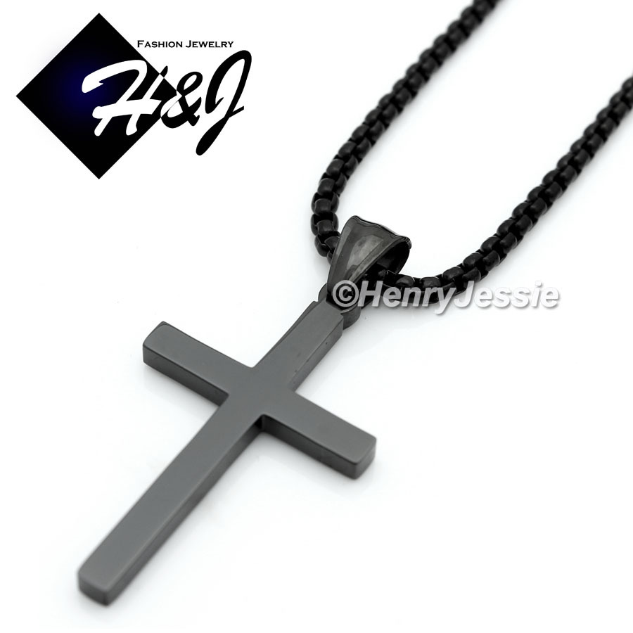 18-36″MEN Stainless Steel 3mm Black Plated Box Chain Necklace Cross Pendant*BP29