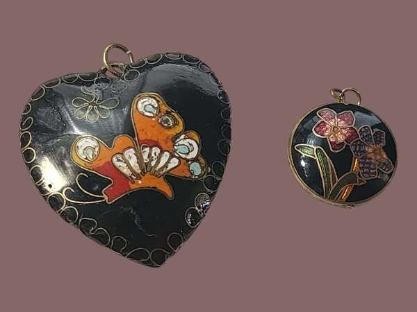 2 Vintage Chinese Cloisonne Enamel Pendants Butterfly Floral Design