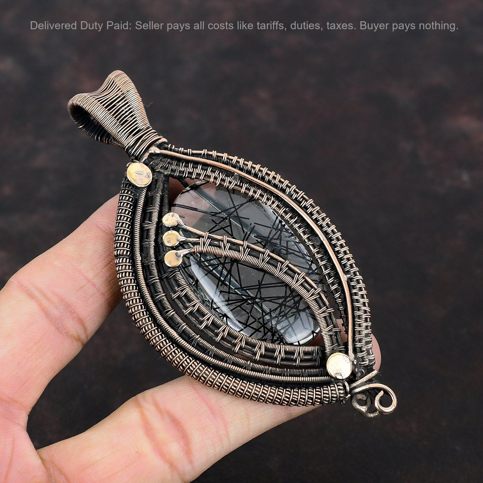 Oval Natural Black Rutile Copper Art Deco Wire Wrapped Anniversary New Pendant