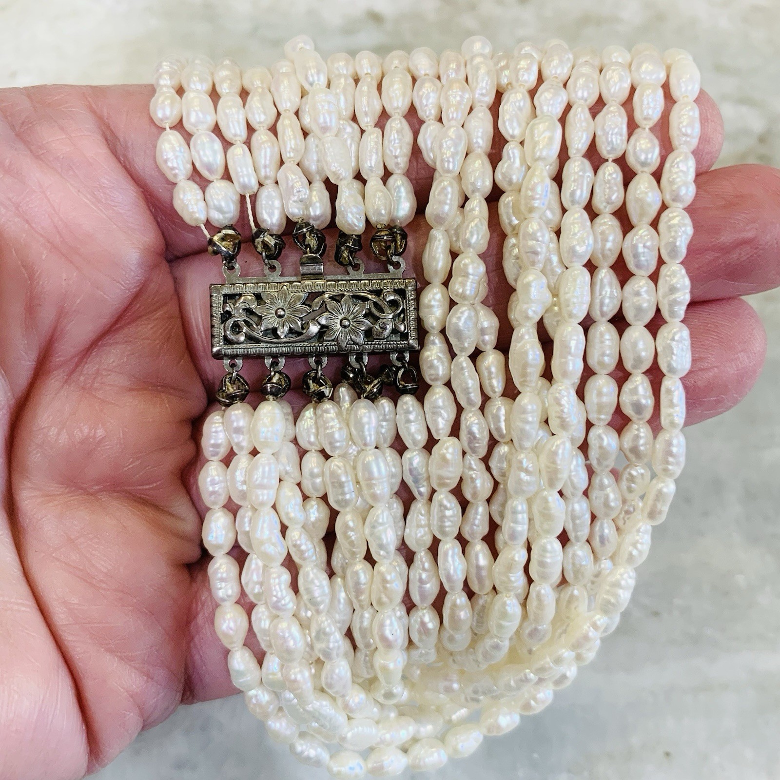 VTG Rice Pearl Necklace Multi 5 Strand Sterling Fancy Clasp Choker Hi Luster “