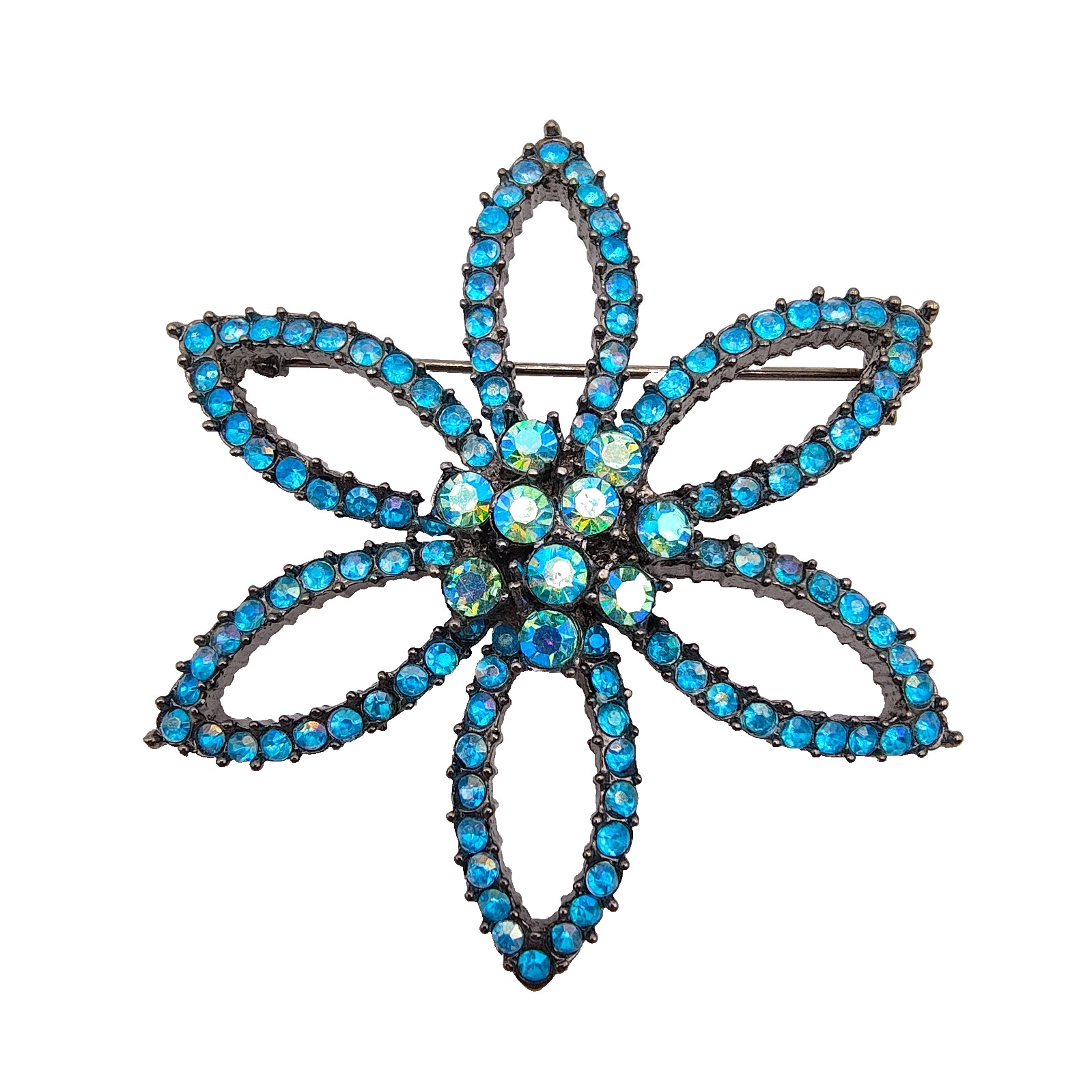 Diamante Flower Brooch Gun Metal Tone AB Rhinestone Cool Blue Vintage-Inspired
