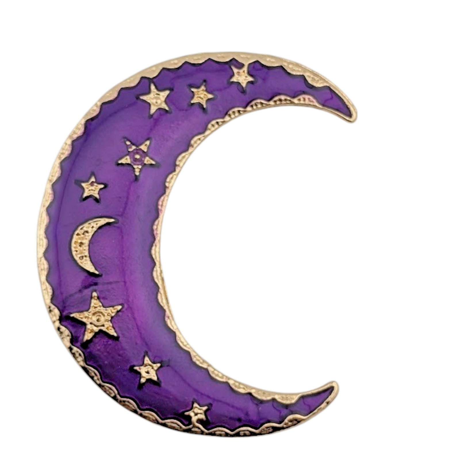 PURPLE ENAMEL CRESCENT MOON BROOCH goldtone metal stars night sky pin gothic J6