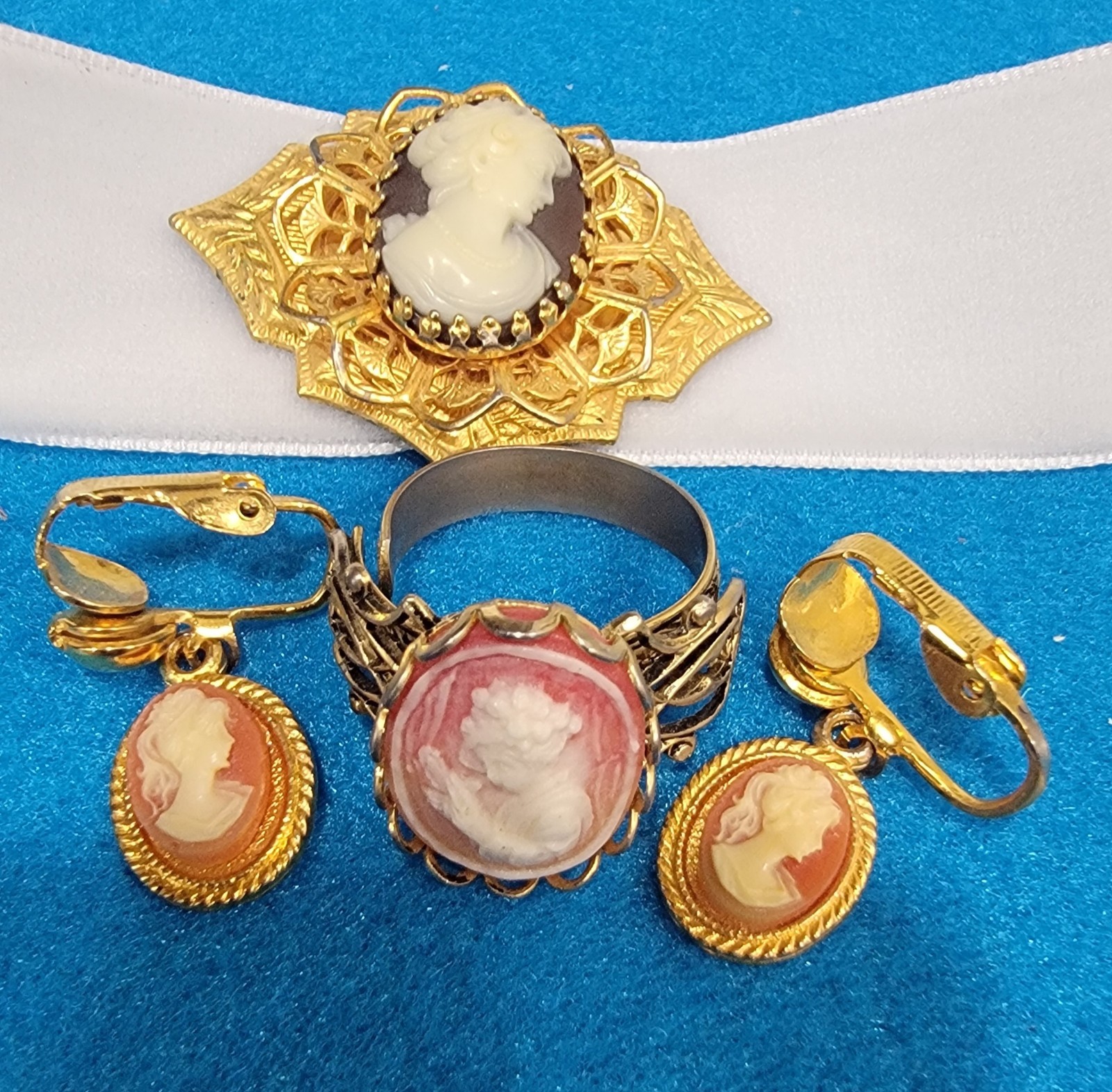 12 VELVET CHOKER LOT! Vintage Earrings, Ring, Mother Cameo Beautiful