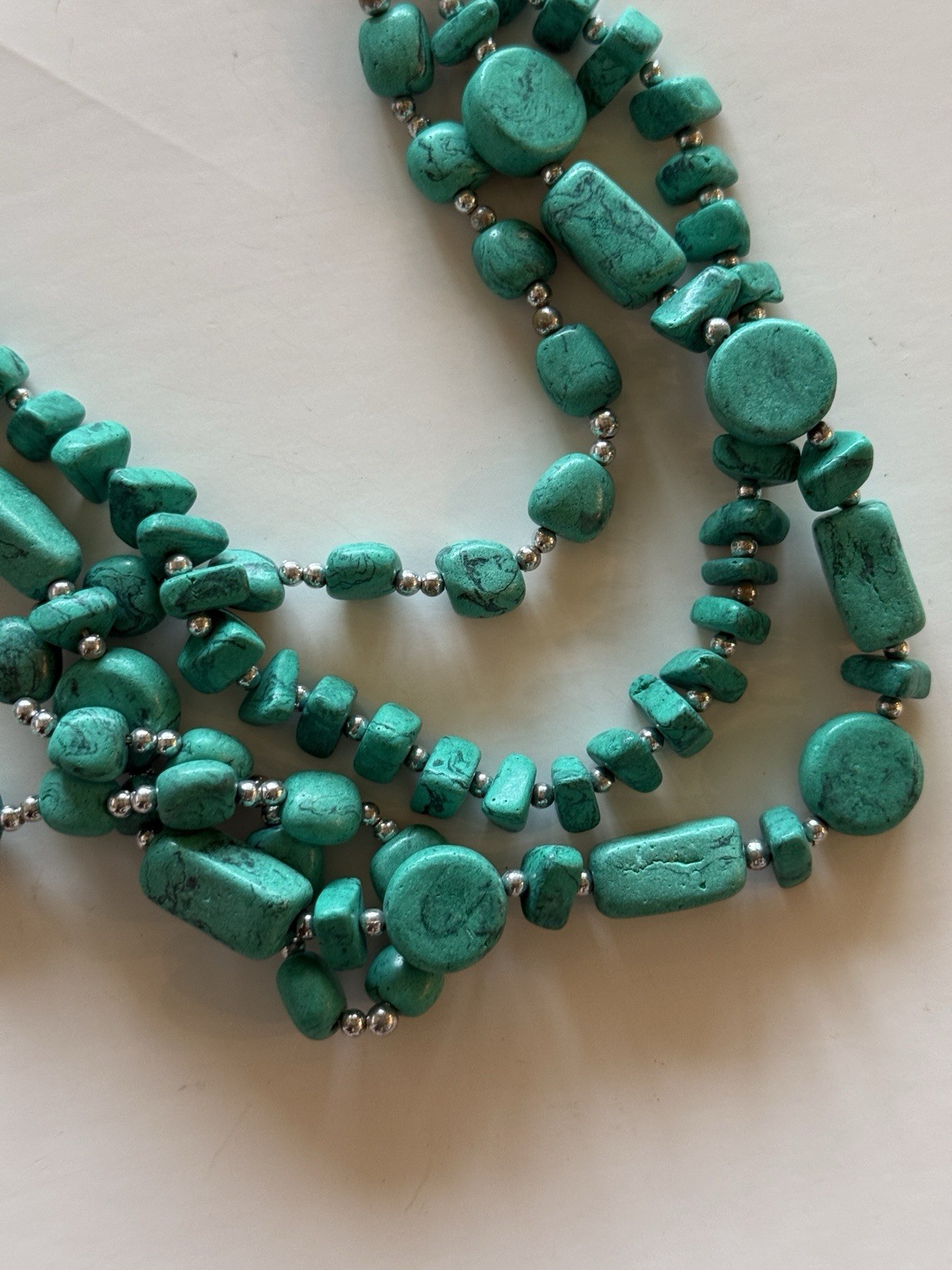 Turquoise Beaded Multi-Strand Layered Statement Necklace Silver Tone Lobster