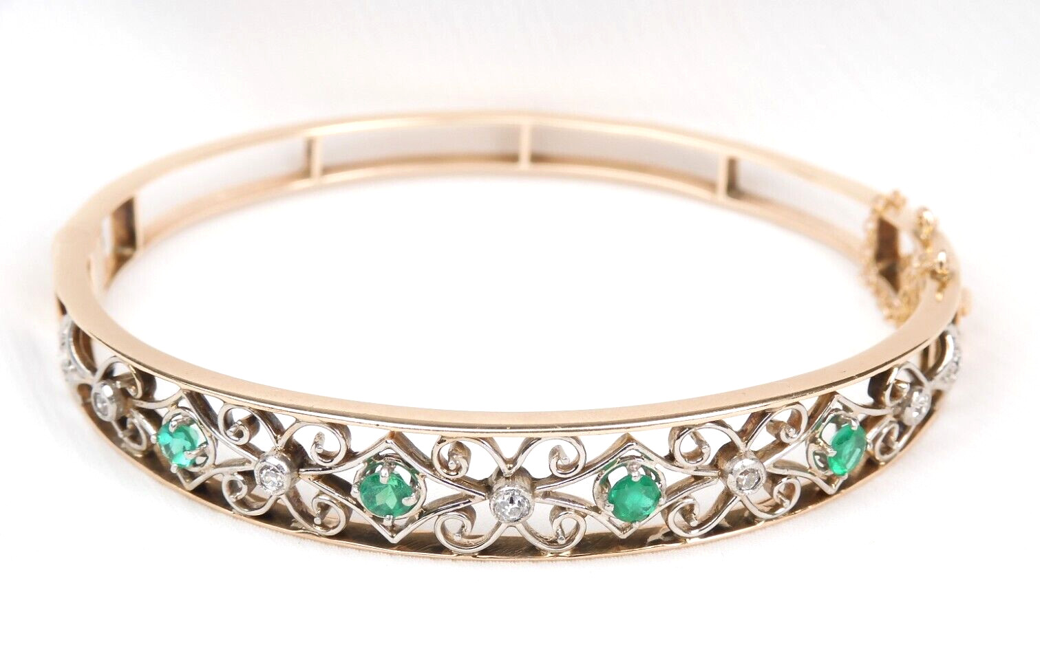 Antique Colombian Emerald & Diamond 1.03 CTW Bracelet 14K Gold Filigree Muzo Min