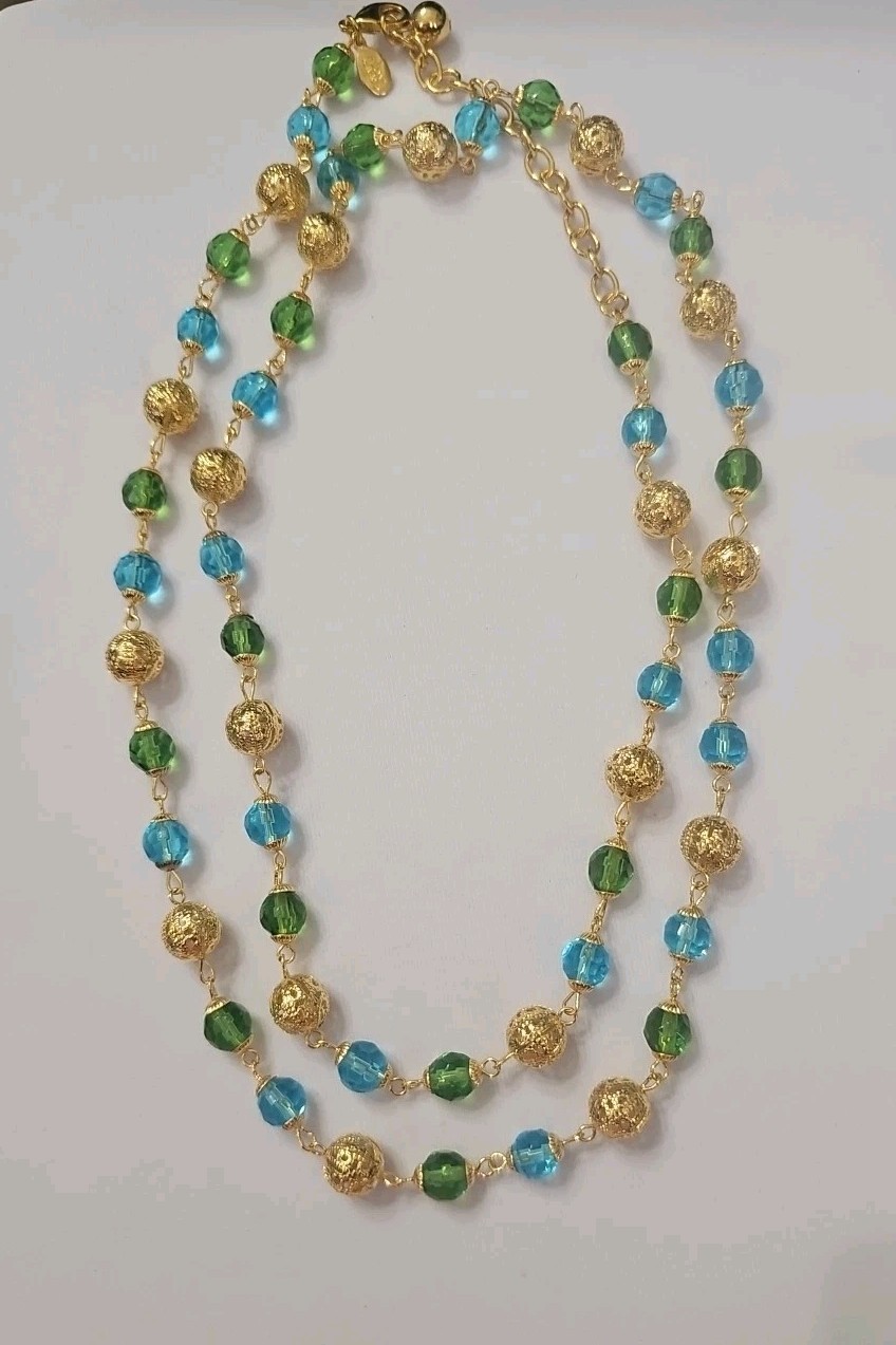 Vintage Joan Rivers Blue And Green Bead An Gold Spears Necklace. RU