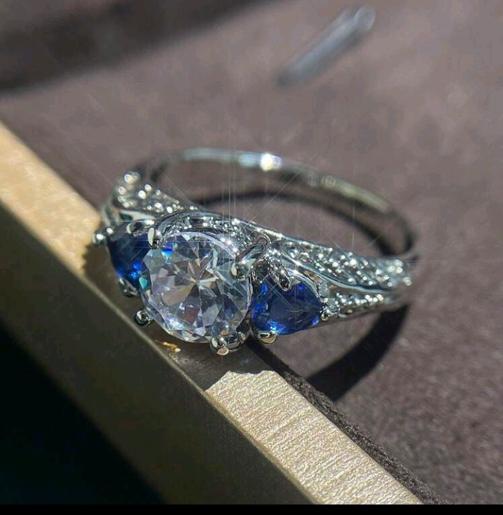 Silver Plated Zinc Round White/Colorless & 2 Blue Cubic Zirconia Ring Size 5