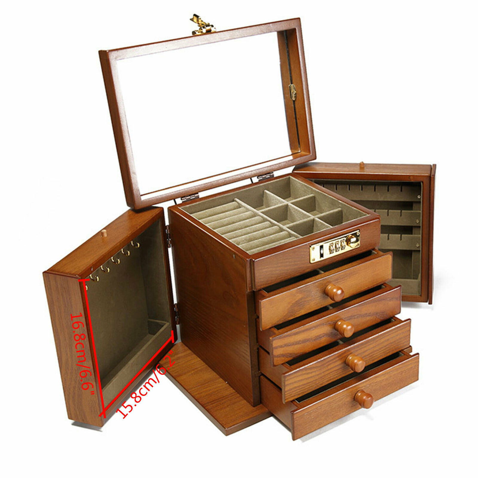 5 Layers Vintage Large Jewelry Organizer Wooden Storage Box Case with 4 Drawers