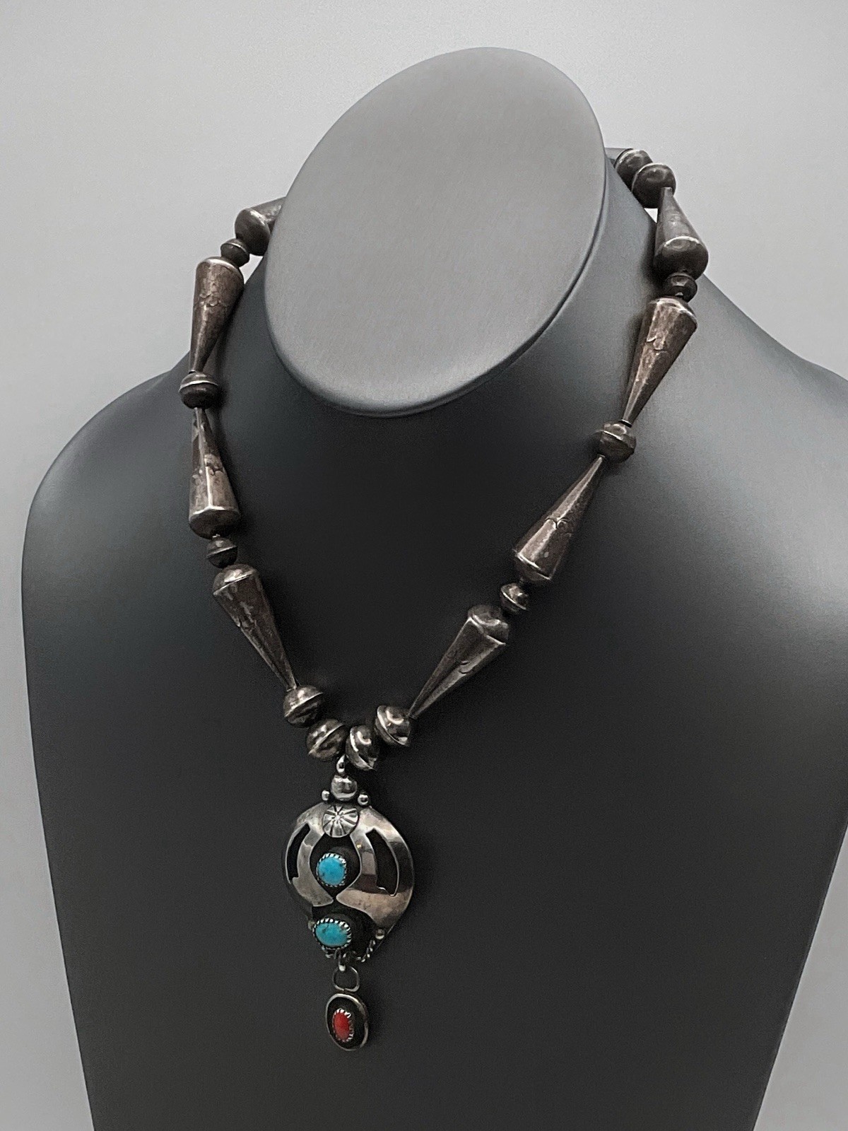 Signed Jesse Claw Navajo Sterling Silver Turquoise Coral Necklace J*C 41.6 grams