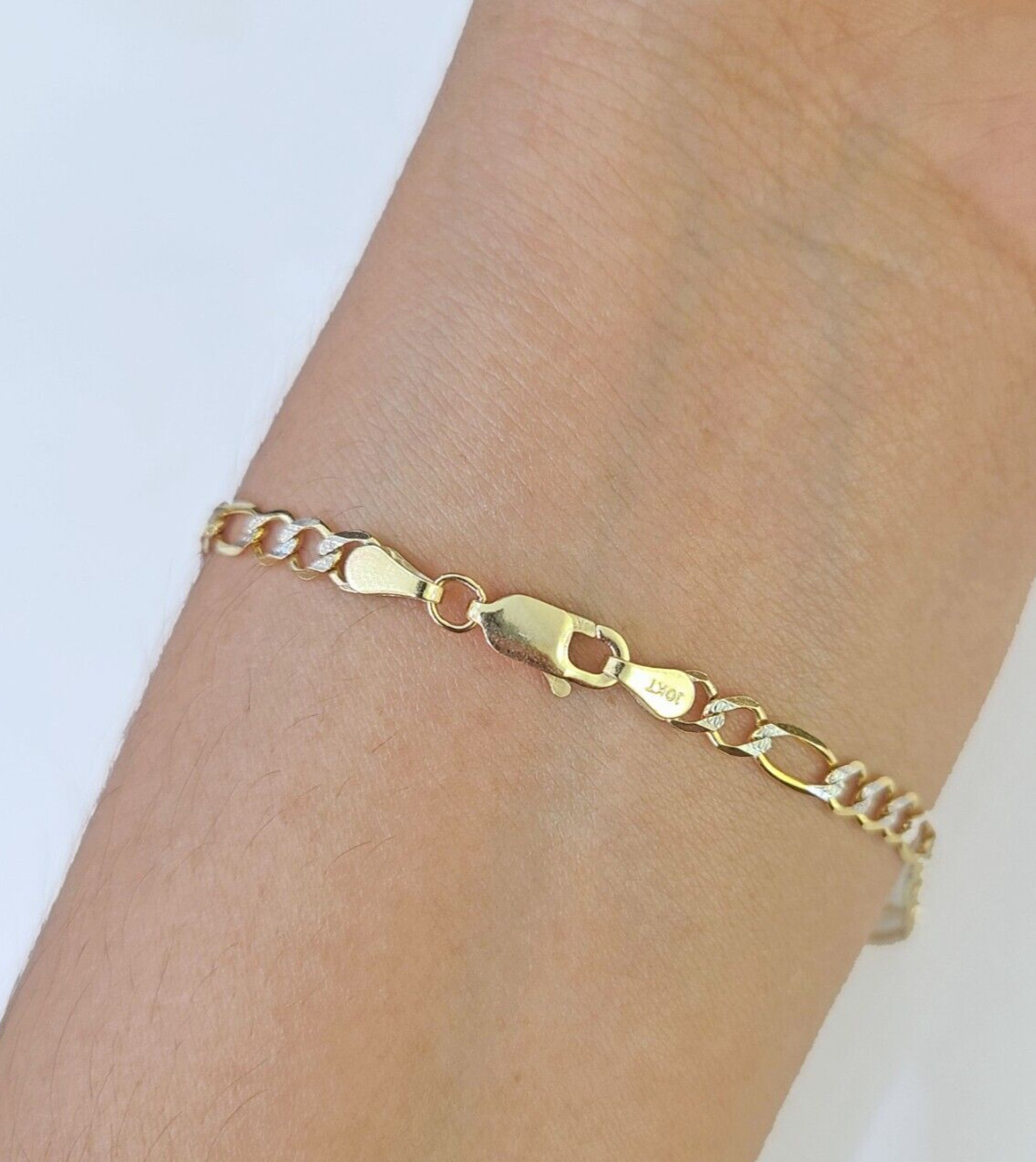 Real 10k Yellow Gold Figaro link Bracelet Solid 3mm 7.5″ Inch Diamond Cut