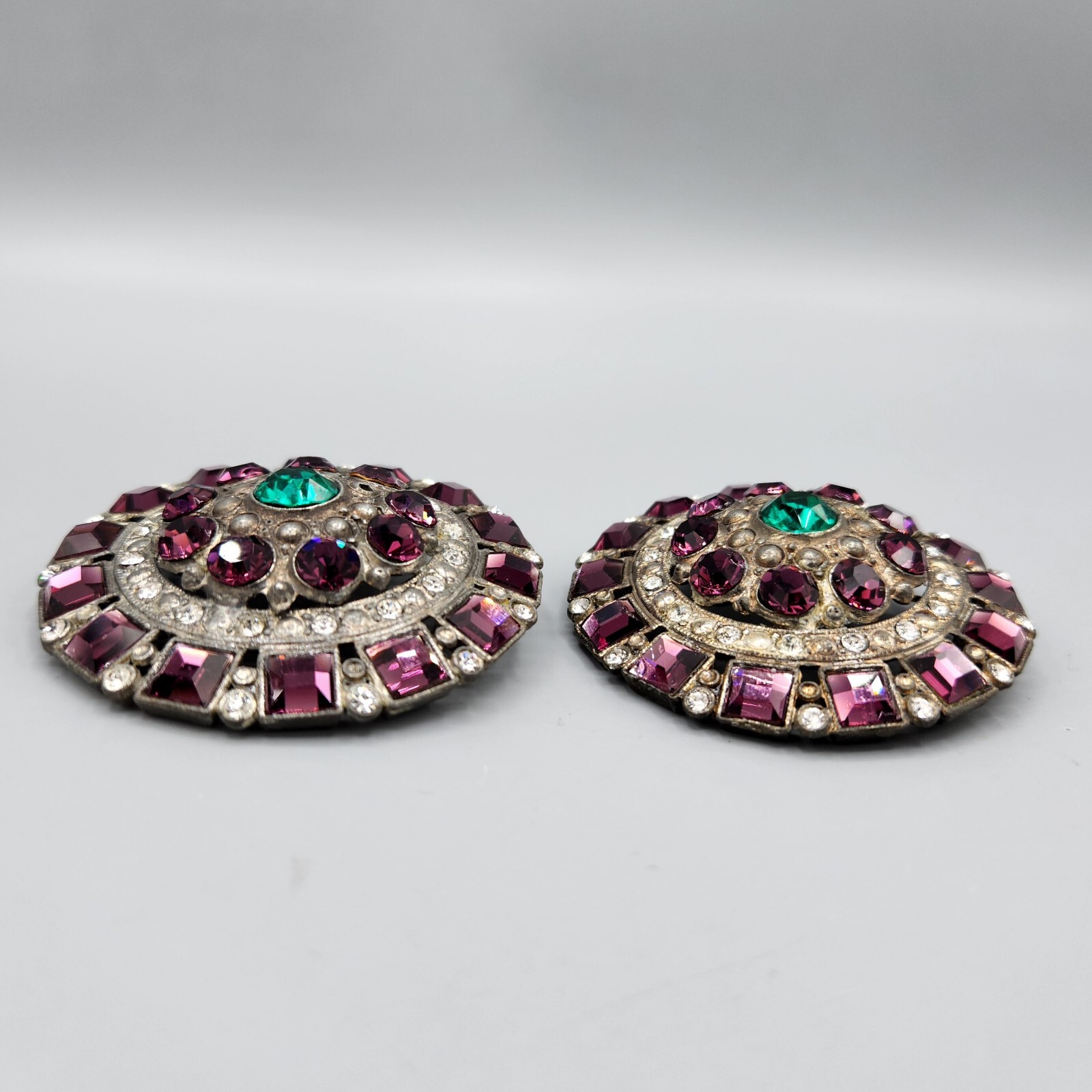 1930s Pair Purple Green Rhinestone Pot Metal Large Round Brooches Coat Pins