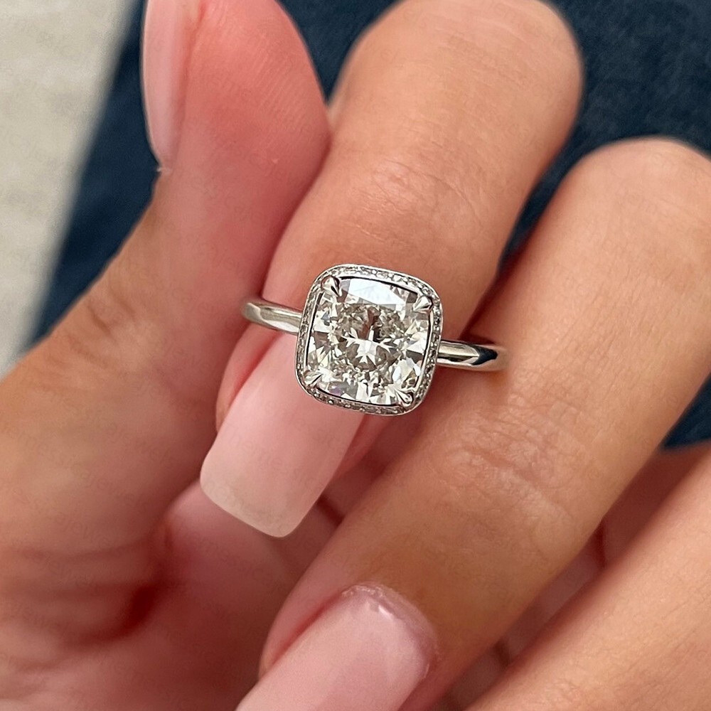 2.45 TCW Cushion Cut Moissanite Halo Engagement Ring 14k White Gold Plated