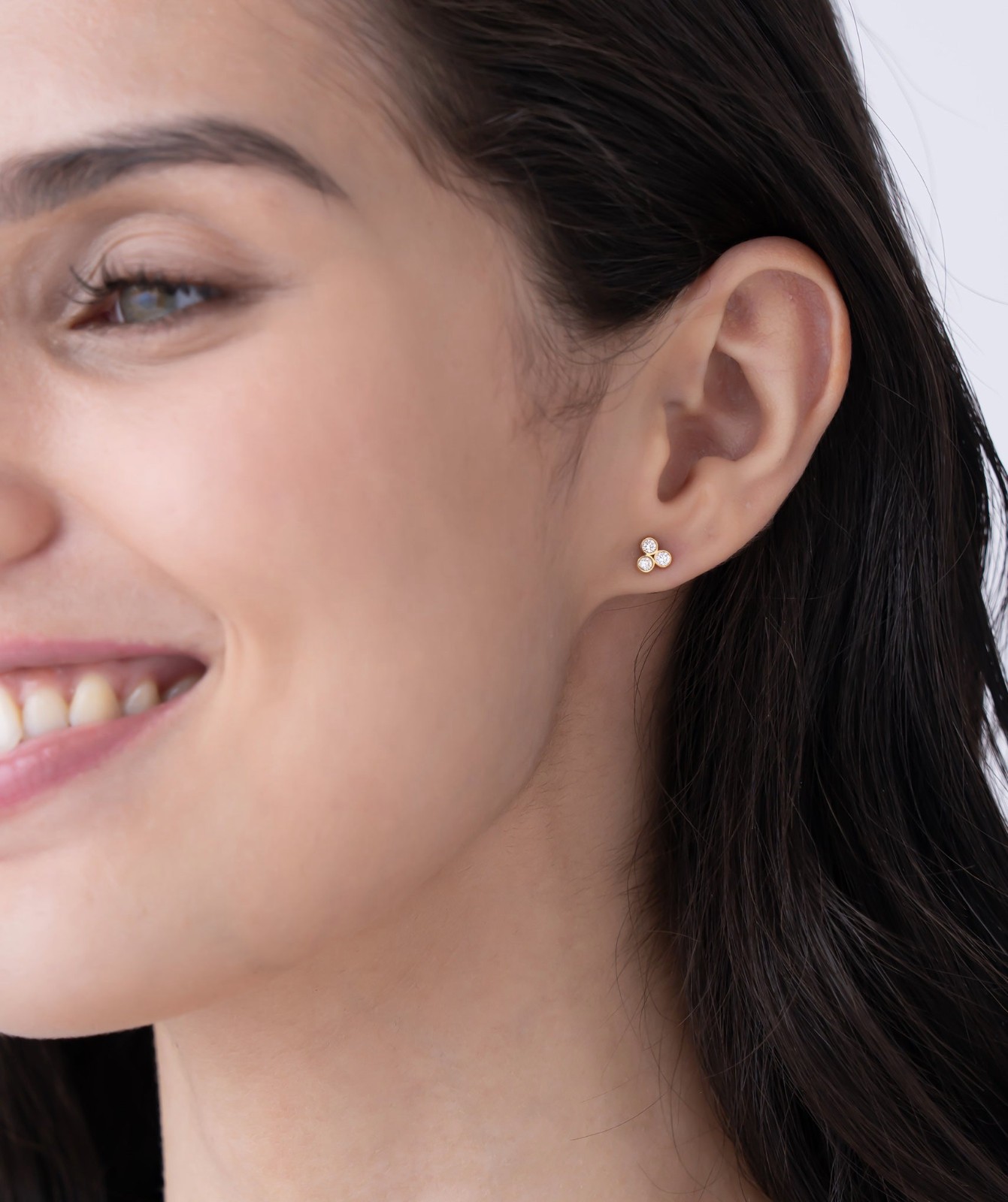 Round Cut Lab Grown Diamond 14K Solid Gold Dainty Trio Bezel Set Stud Earrings