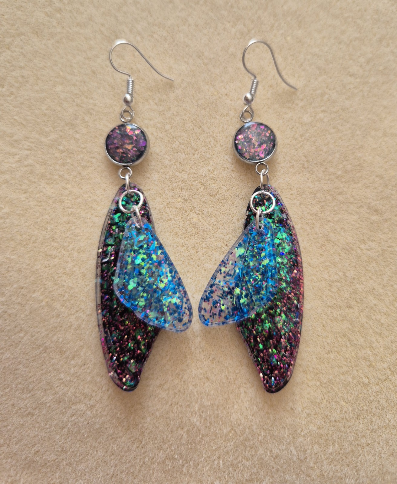 beautiful long glittery butterfly wings resin earrings 8cm with hook fastening