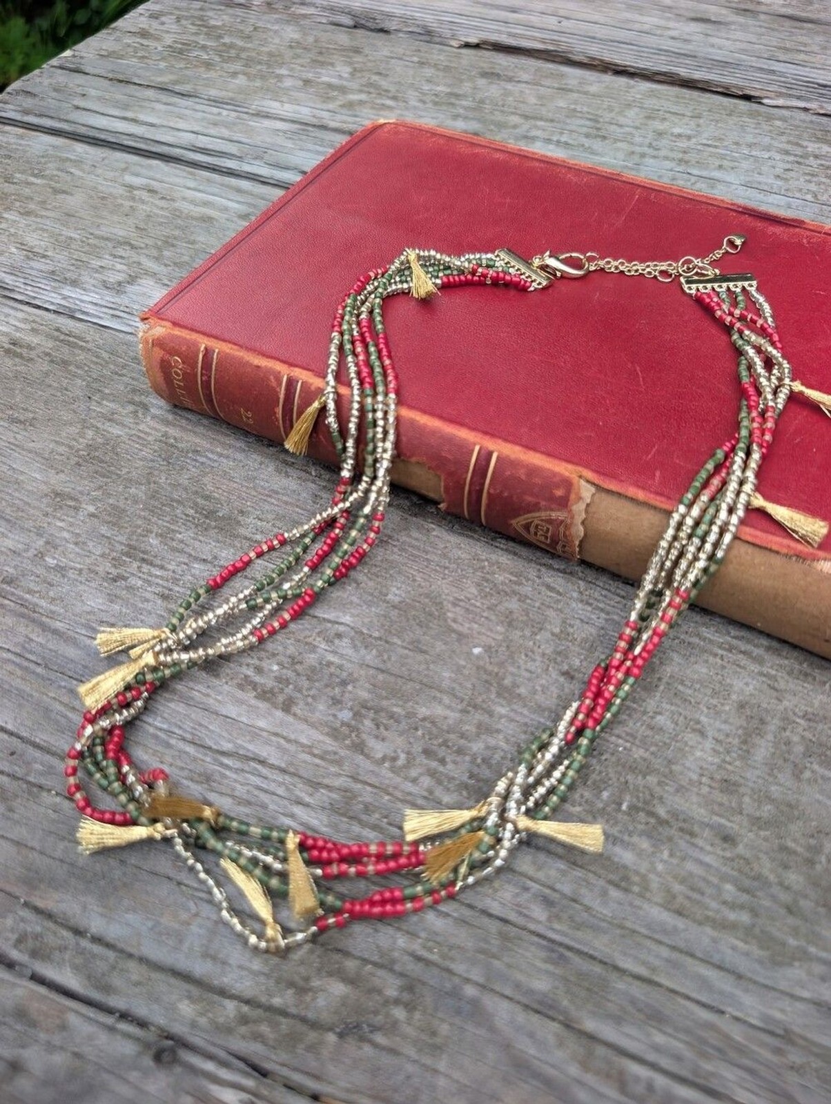 Multi-Strand Red Green Gold Beaded Tassel Necklace