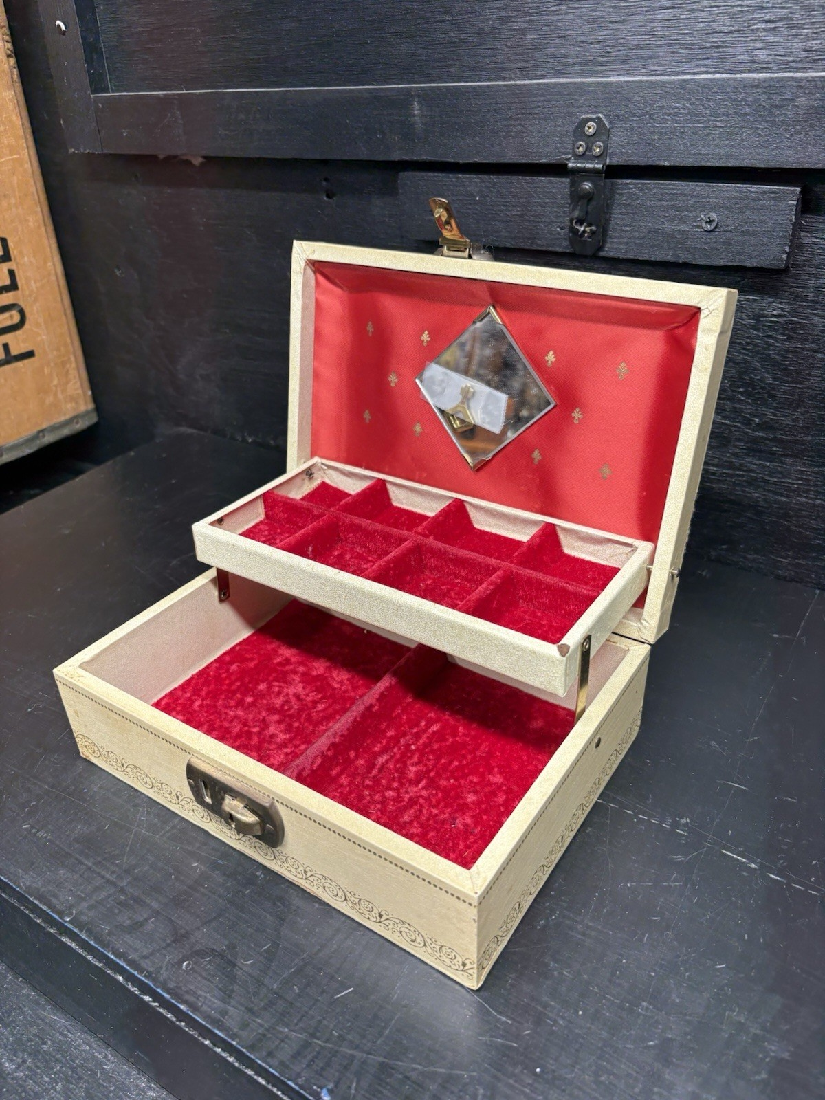Vintage White/Cream Jewelry Box With Red Velvet Lining, Mirror And Key See Pics