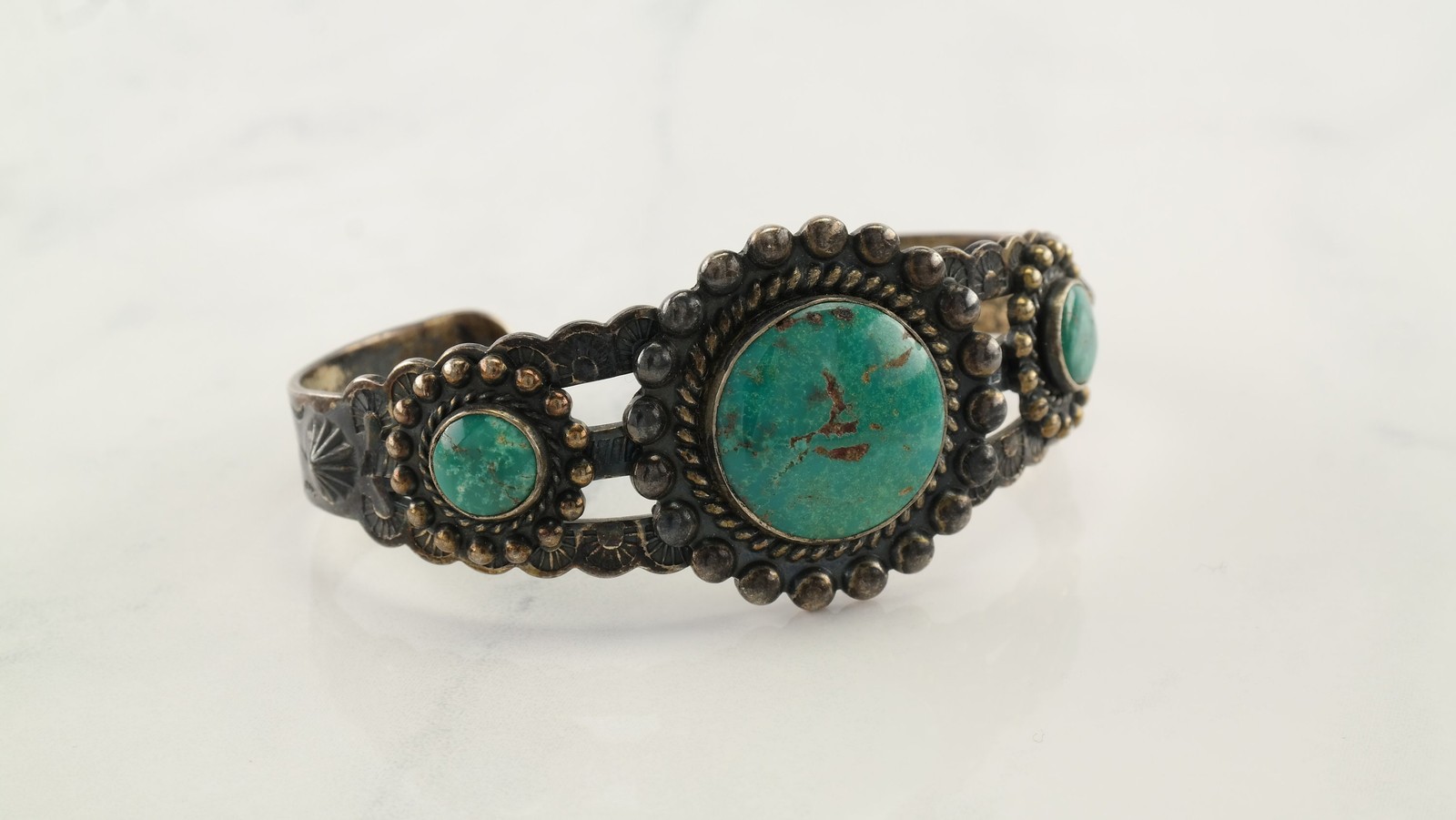 Fred Harvey Era Blue Turquoise Cuff Sterling Silver Bracelet