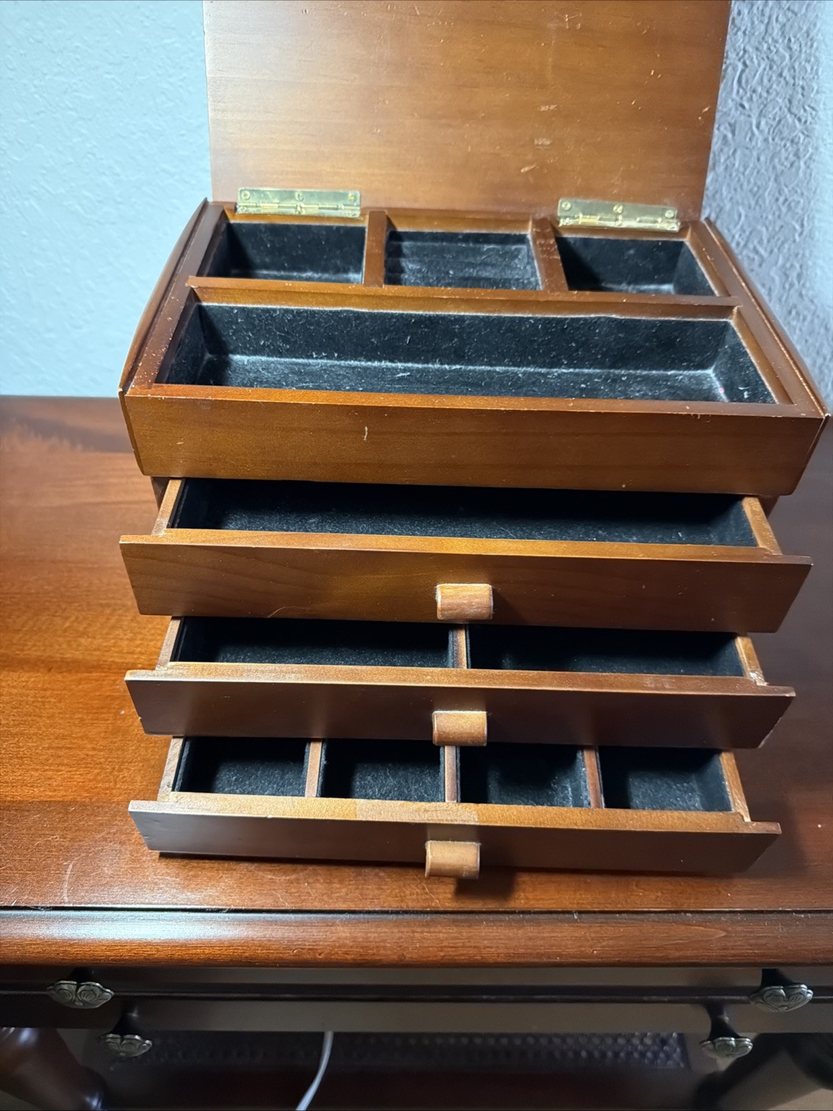 Table Top Wooden Jewelry Box Open Top & 3 Drawers (N)