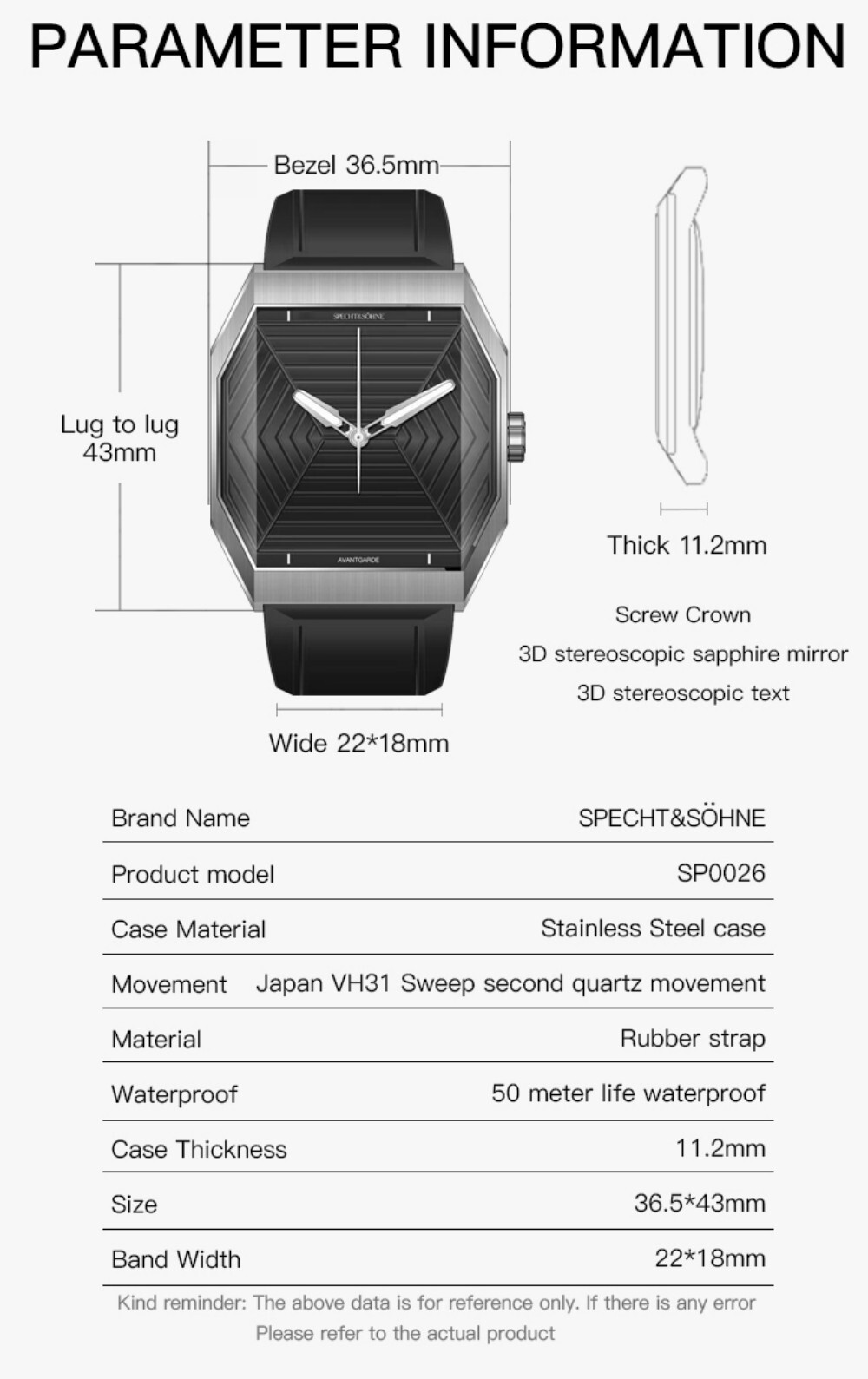 Men’s Quartz Octagon Watches Sapphire Glass Rubber Strap 50M Waterproof Luminous