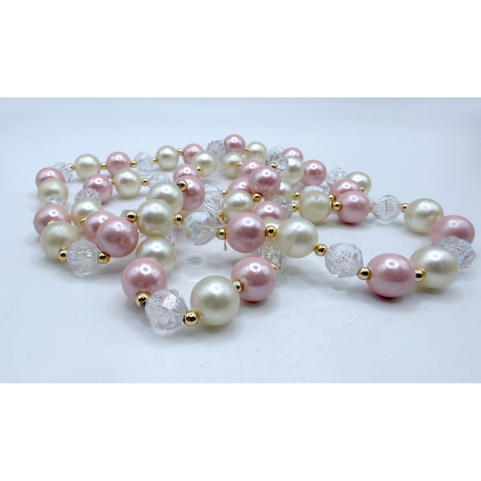 32″ Long Vintage Pastel Pearl Necklace Pink White Crystal Beads Spring Easter