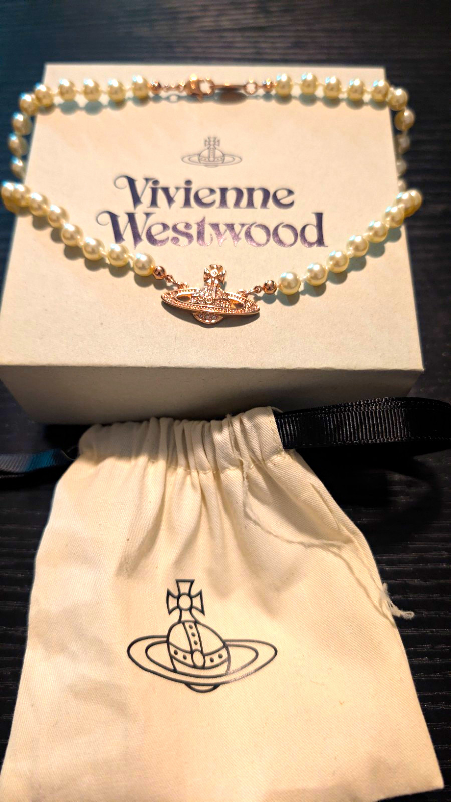 Vivienne Westwood White Simulated Pearl Beaded Orb Pendant Necklace Rose Gold