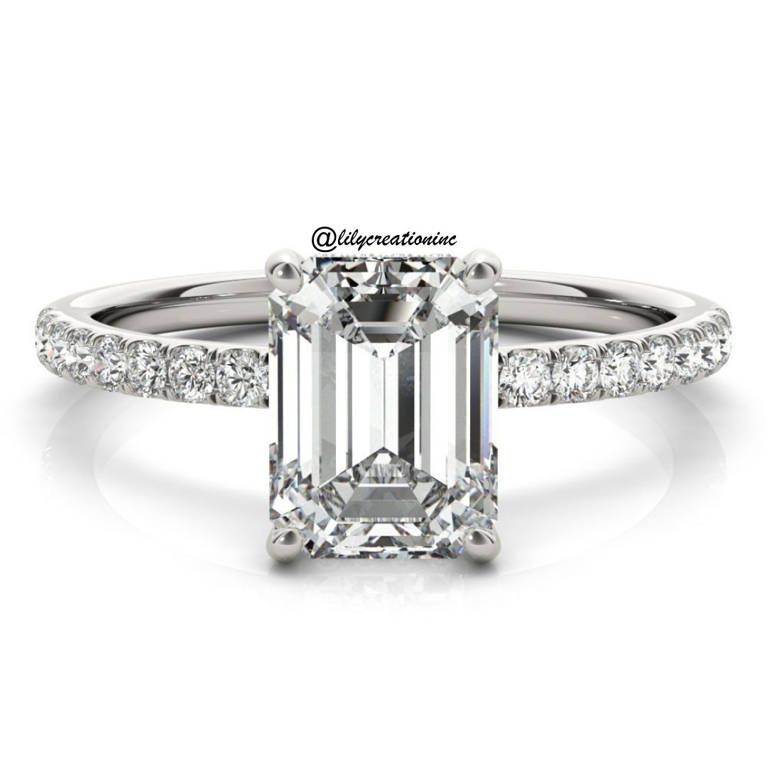 3Ct Emerald IGI Certified Lab Grown Diamond Engagement Ring Pavé Prong Platinum