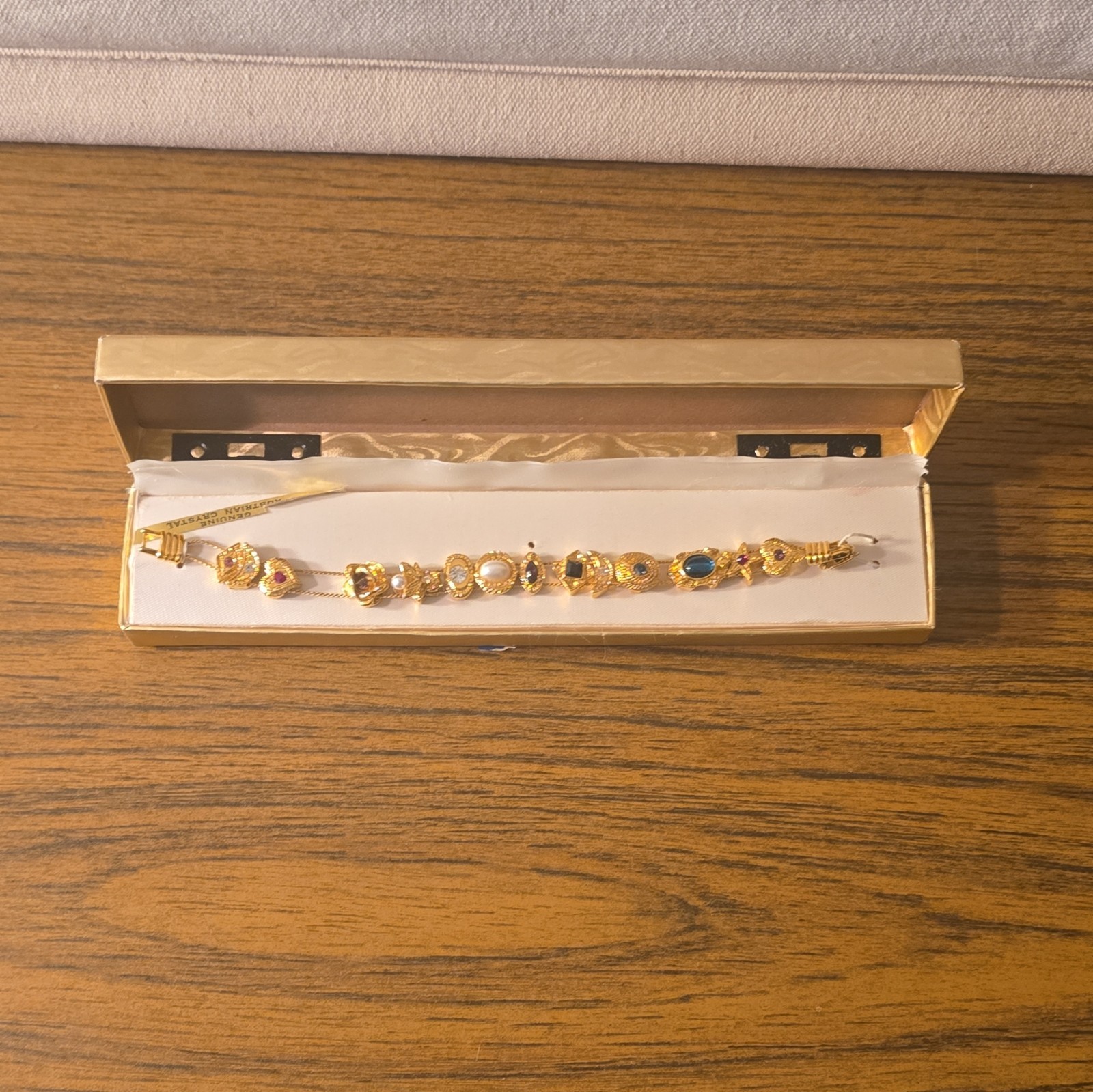 Gold Tone Austrian Crystal Dangle Charm Bracelet, Box Clasp, Multicolor
