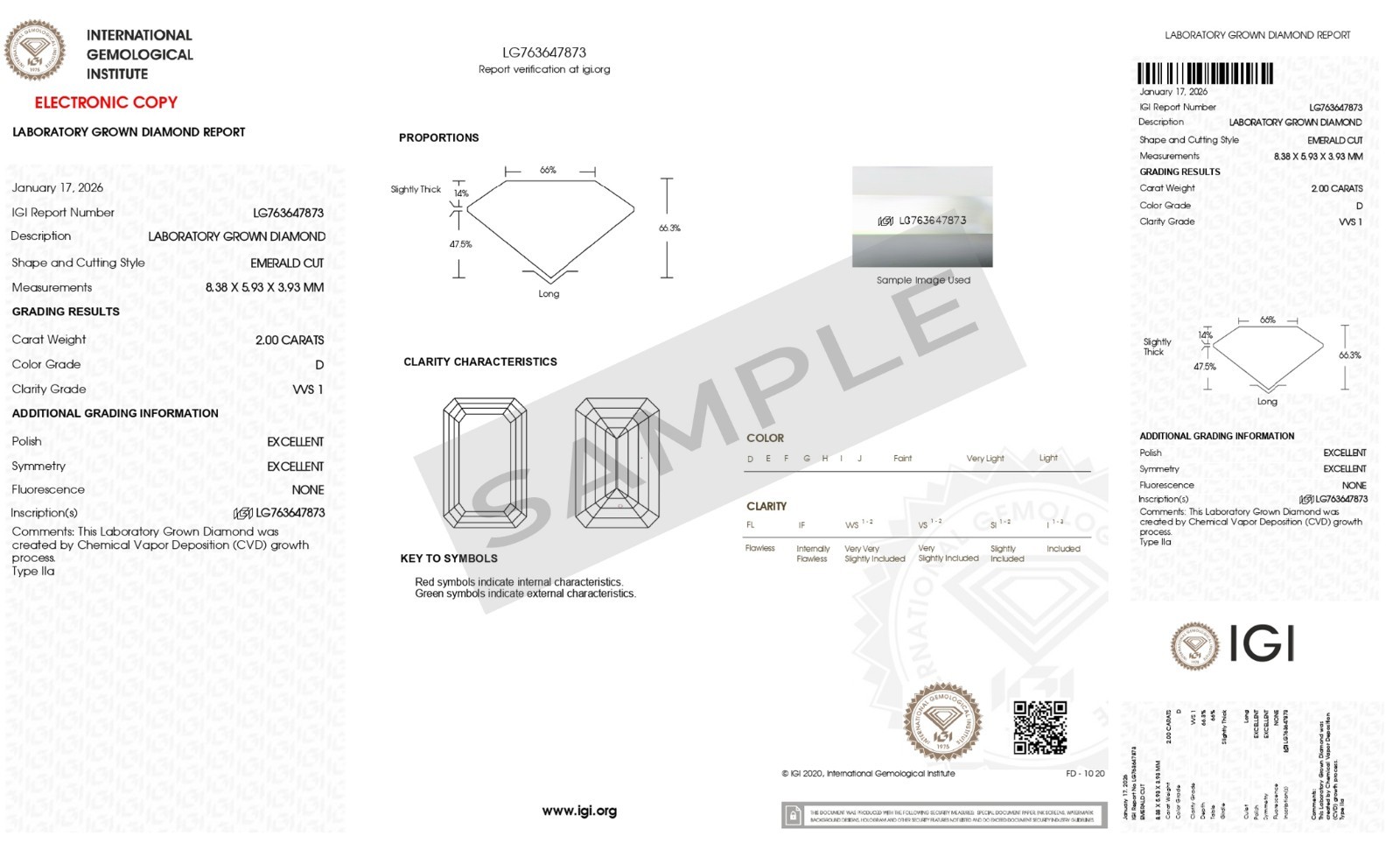 IGI Certified CVD Lab Grown Diamond Emerald Cut 2.00 Carat VVS1 Clarity D Color