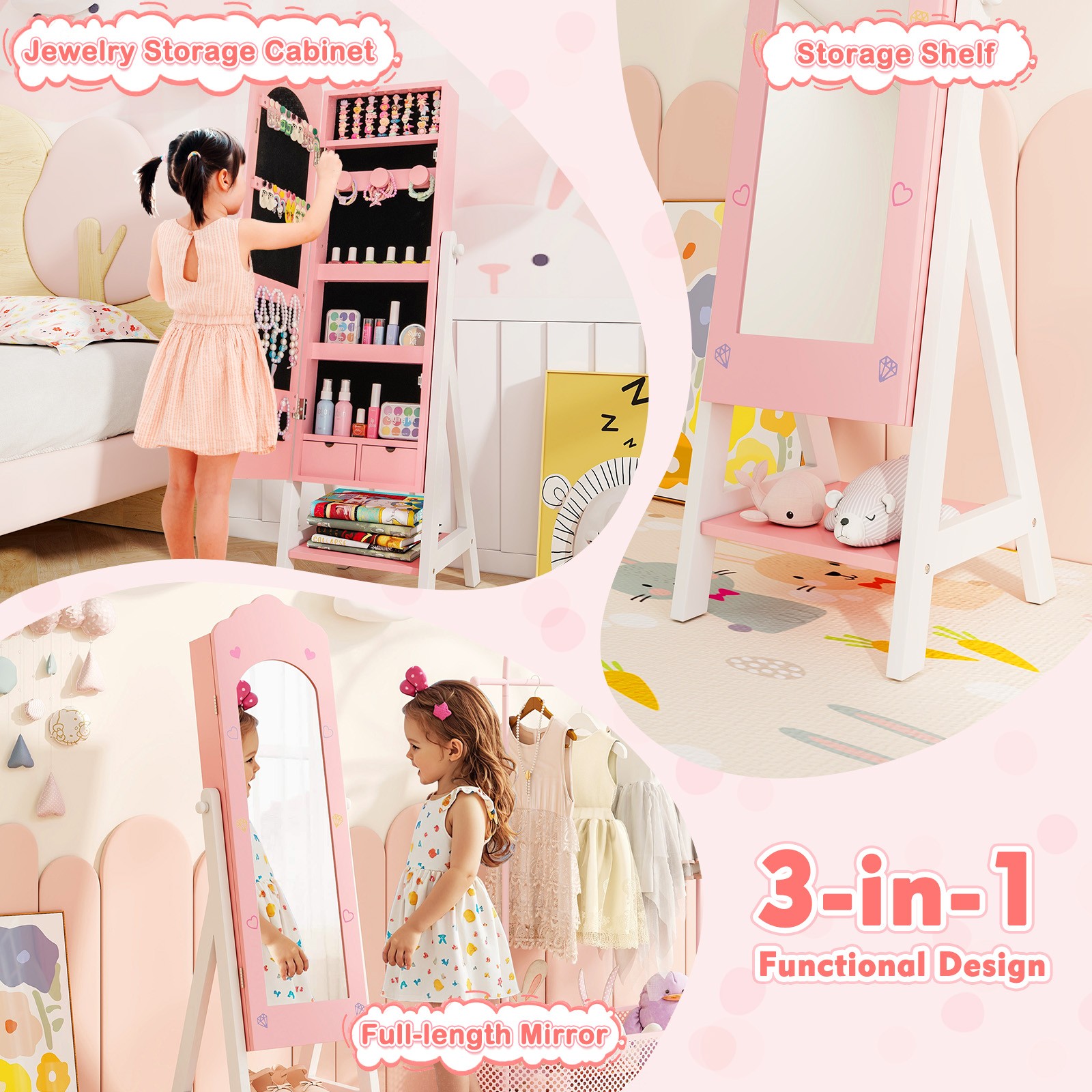 Kids Vanity Set Princess Makeup Dressing Table and Chair Set w/ Jewelry Armoire