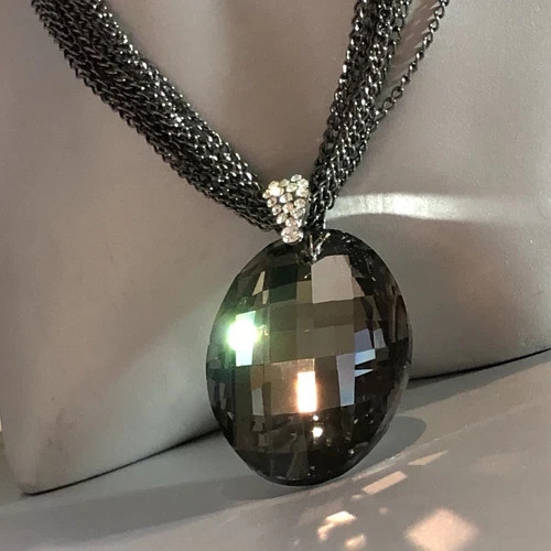 14K Black Rhodium Plated Big Oval Pendant Long Sweater Chain Necklace Gorgeous