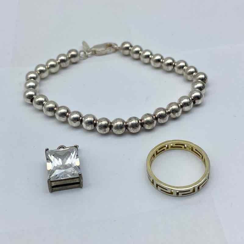 Sterling Silver 925 CZ Jewelry Set Bead Bracelet Greek Key Ring Size 7.5