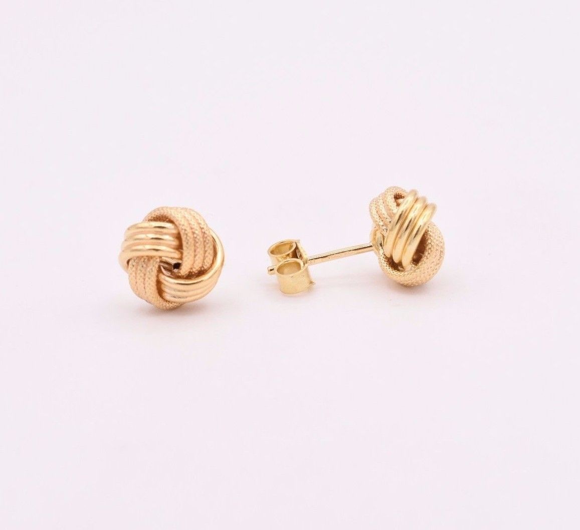 Italian Love Knot Rosetta Textured Stud Earrings Solid 14K All Yellow Gold 9mm