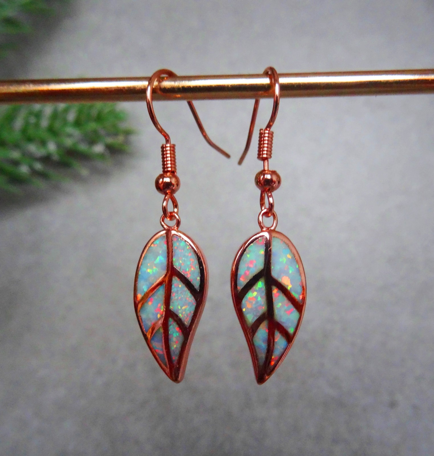 Rose Opal Leaf Earrings Rose Gold Plated Fire Opal Earrings in Rose Gold Opal