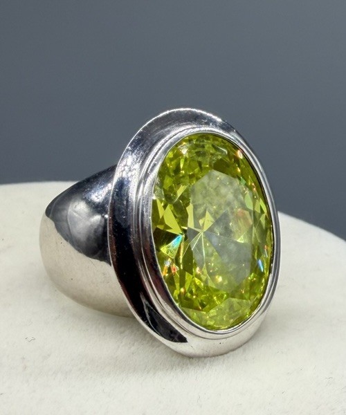 Sterling Silver Large Lime Green Yellow Faceted Crystal Statement Ring Sz 5.75