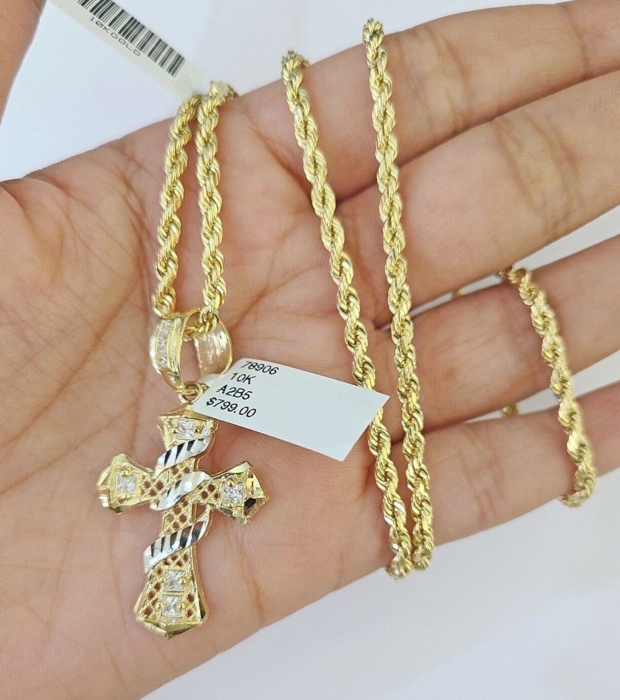 Real 10k 3mm Rope Chain Spiral Cross Pendant 18″ 20″ 22″ 24″ 26″ Gold Set