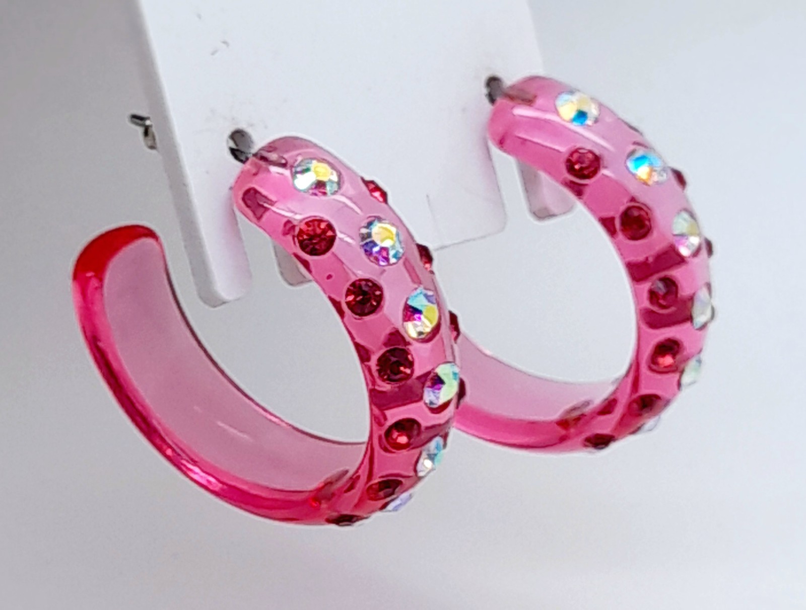 E173 NEW 1″ CLEAR PINK ACRYLIC HOOPS PINK & AB RHINESTONES FASHION EARRINGS