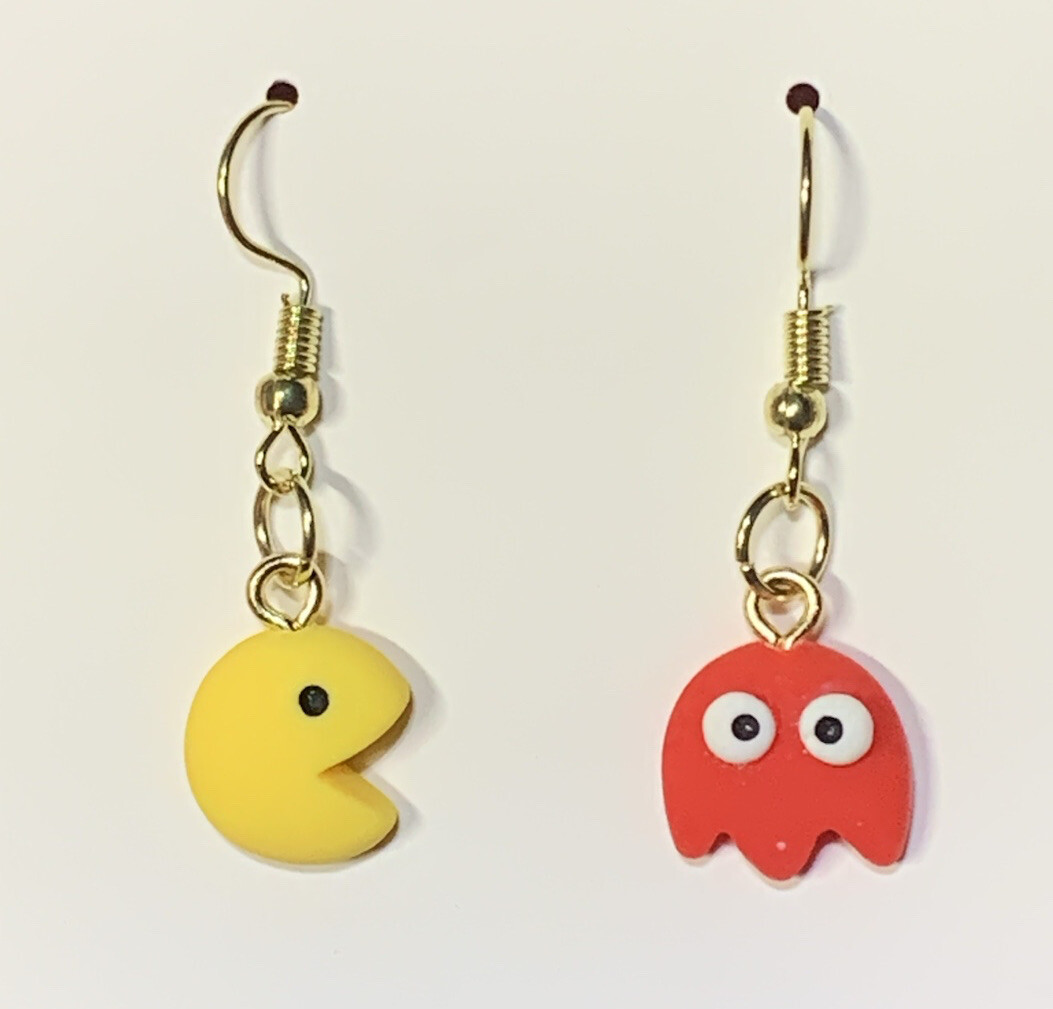 Gold PAC-Man & Ghost From Pac-Man Drop Dangle Earrings!!
