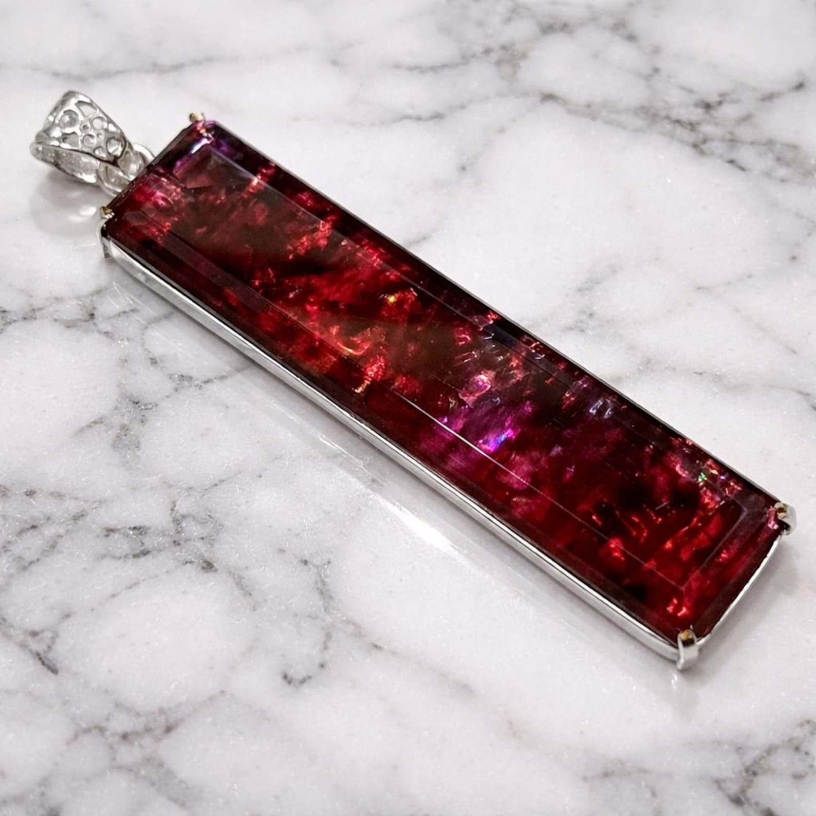 Certified 105 Ct Natural Ammolite 925 Silver Emerald Cut Pendant Loose Gemstone