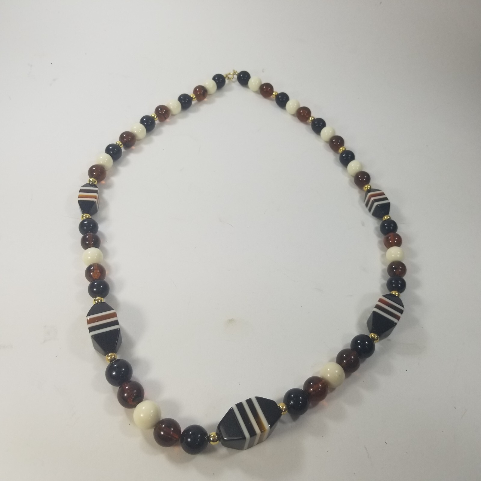 Vintage Brown Black White Gold Tone Spacers beaded Long Necklace