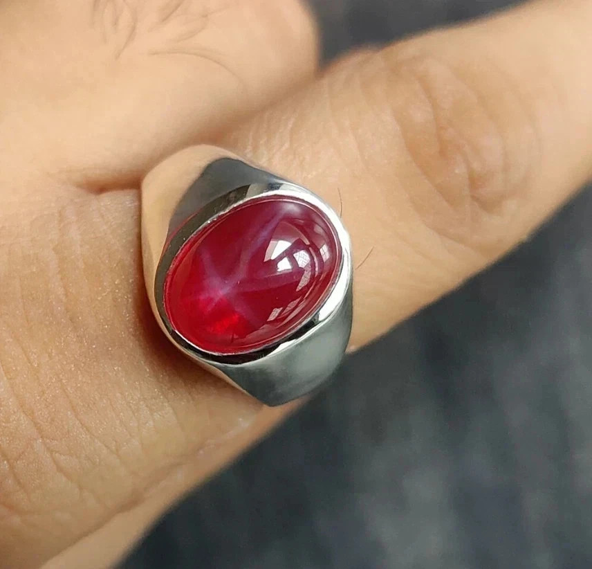 10CT Natural Red Star Ruby Mens Ring 925 Sterling Silver Handmade Statement Ring