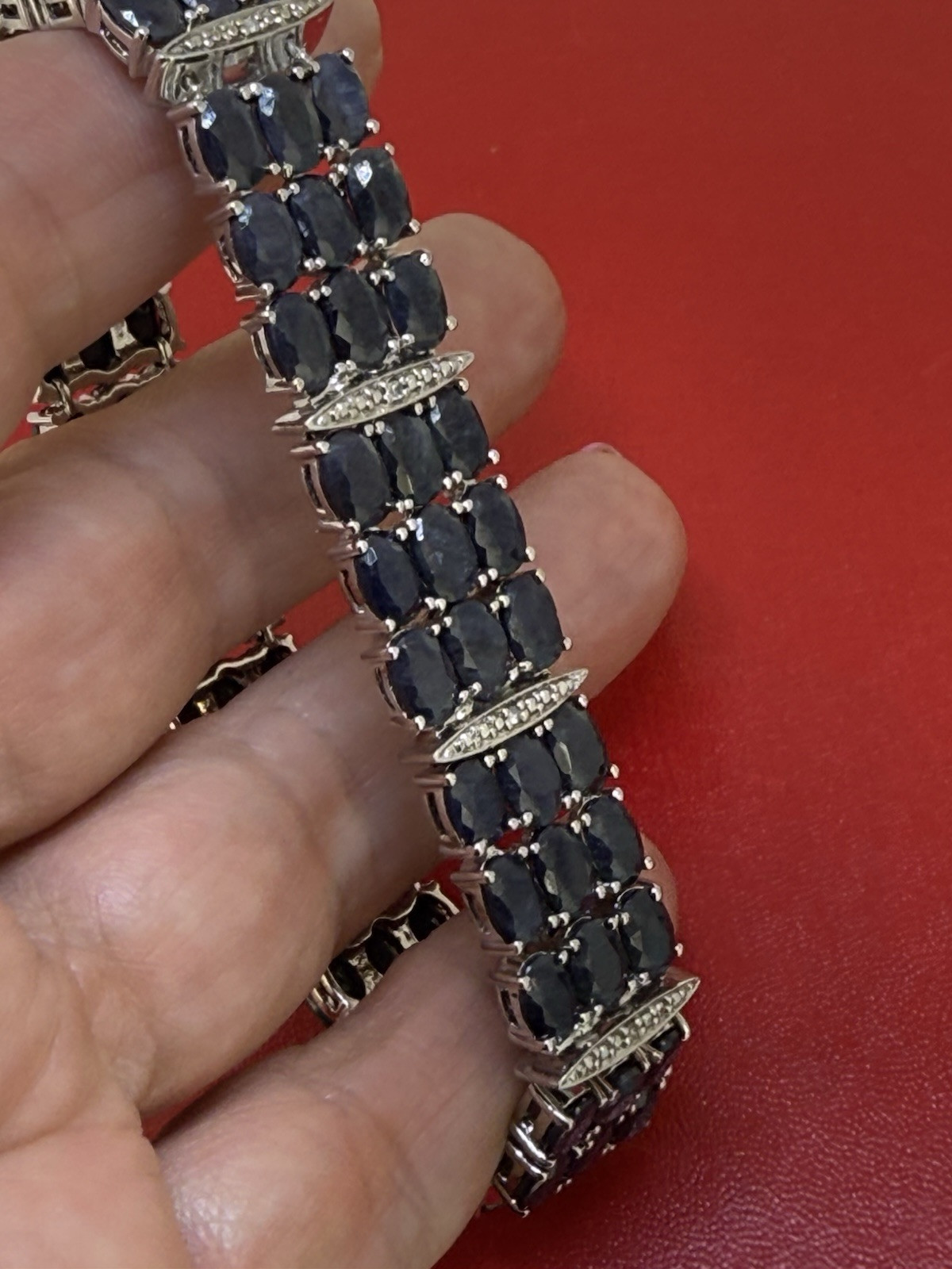 Vintage SJM Sterling Silver Blue Sapphire & Diamond Bracelet 7.5 Inch Long