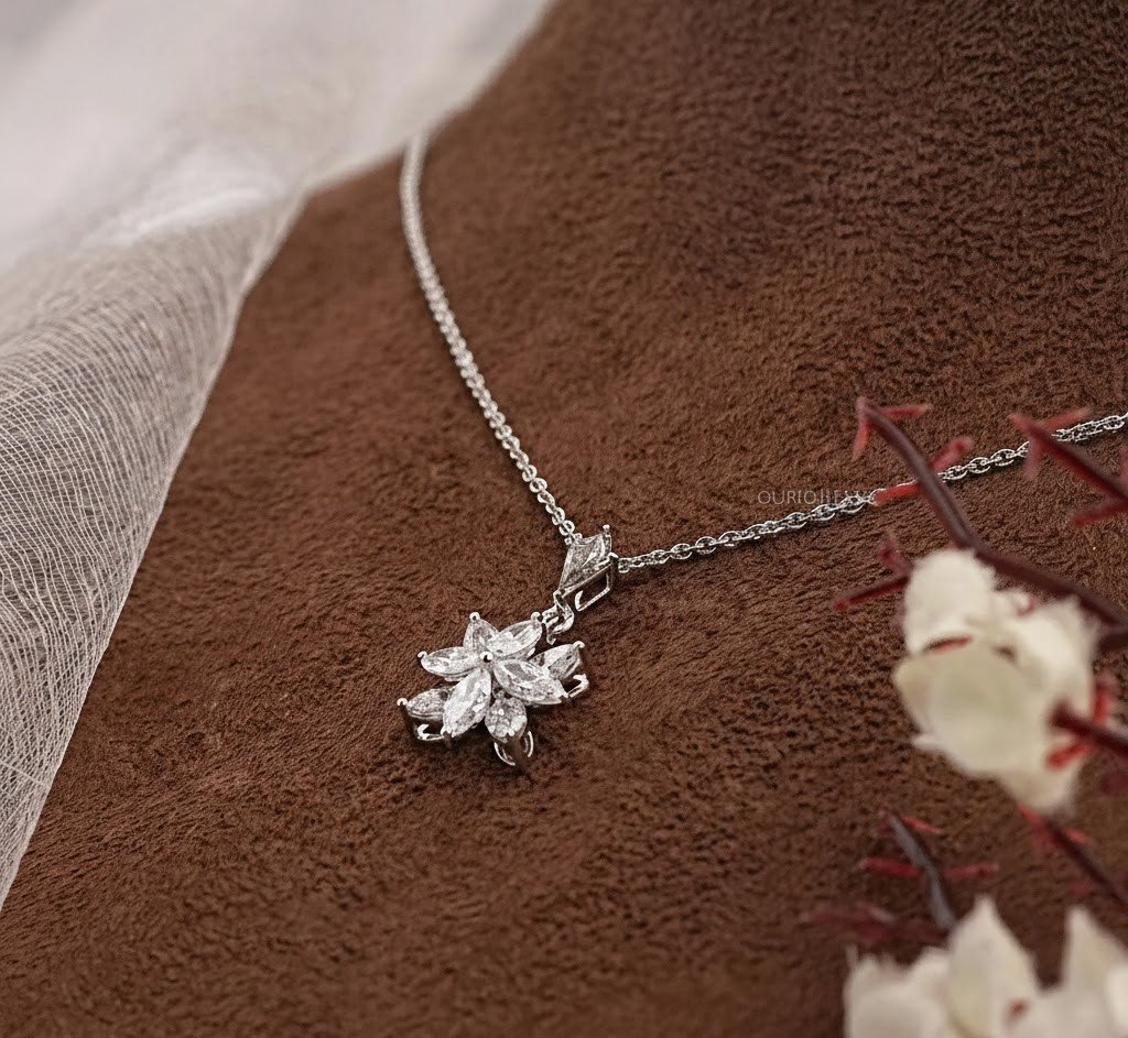 1.90 Ct Marquise EF VS Lab Grown Diamond Flower Shape Necklace in 14K White Gold